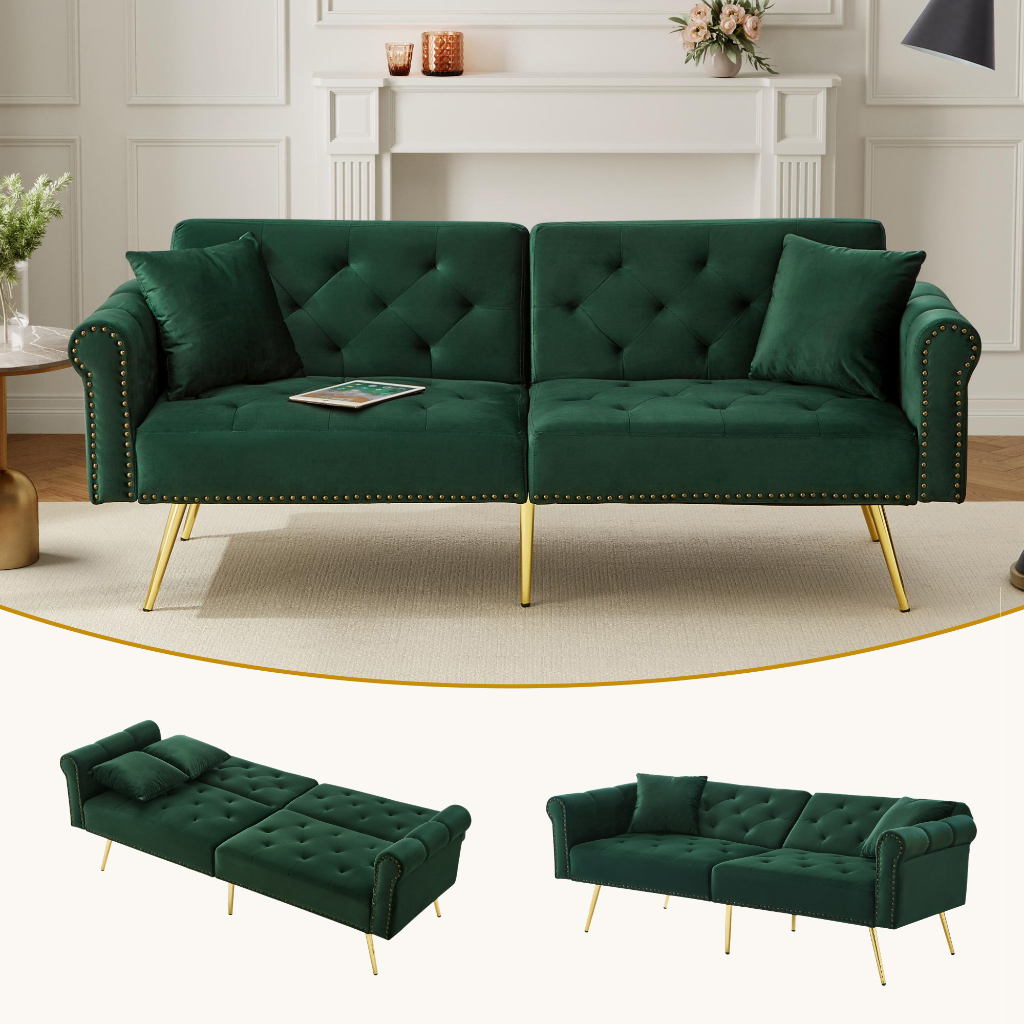 Canapé Convertible 2 Places, Dossier Réglable 3 Positions 180°, Lit Invités Confortable avec Coussins, Design Moderne Salon
