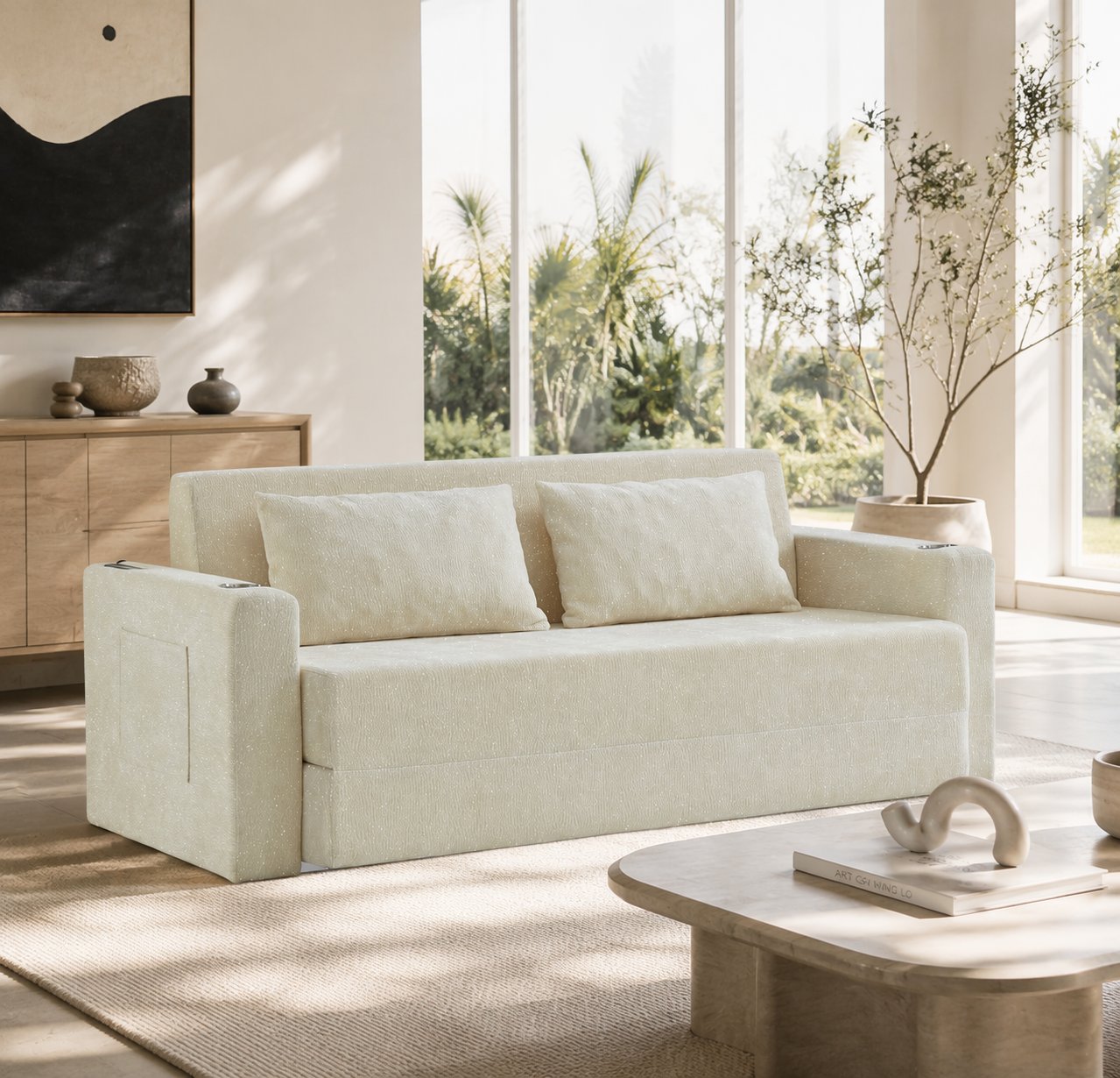 Canapé-lit 2 places rembourré mousse haute densité, revêtement chenille brillant beige, structure renforcée avec coussins inclus