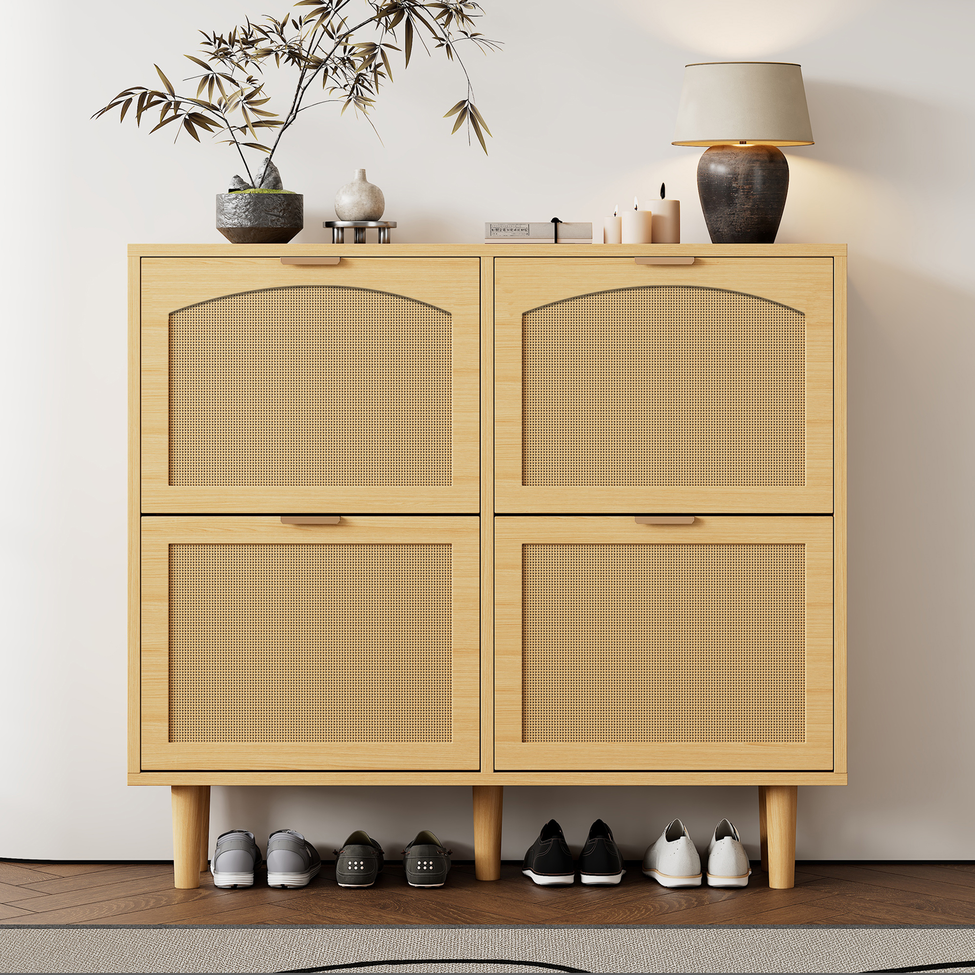 Meuble à chaussures avec portes pliantes, Placard rotin design campagne pour couloir étroit, Rangement chaussures chêne clair