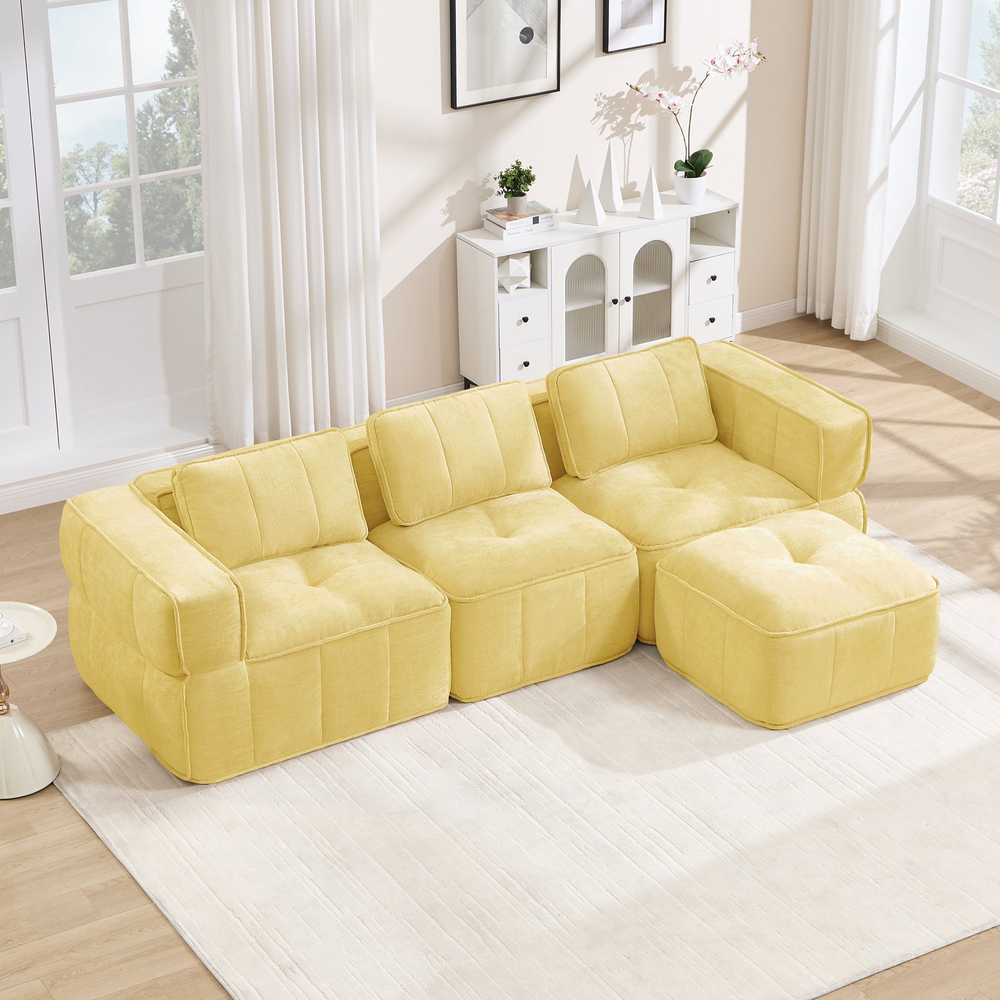 Ensemble canapé modulable jaune sans cadre avec pouf, tissu polyester anti-abrasion, livré en 4 colis, prêt à l'emploi