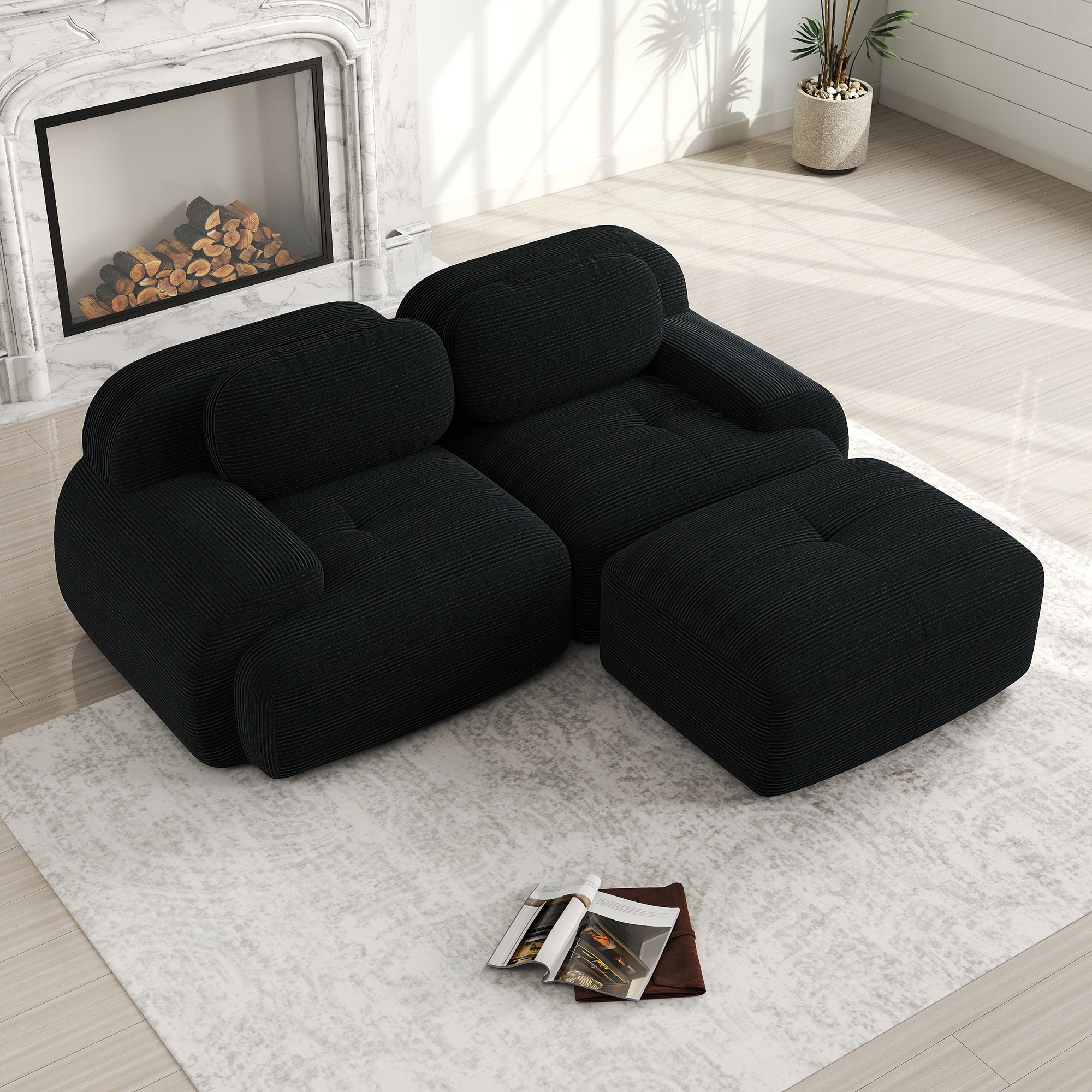 Canapé d'angle modulable sans montage, mousse 32D haute densité, velours côtelé noir, 208x178x70 cm