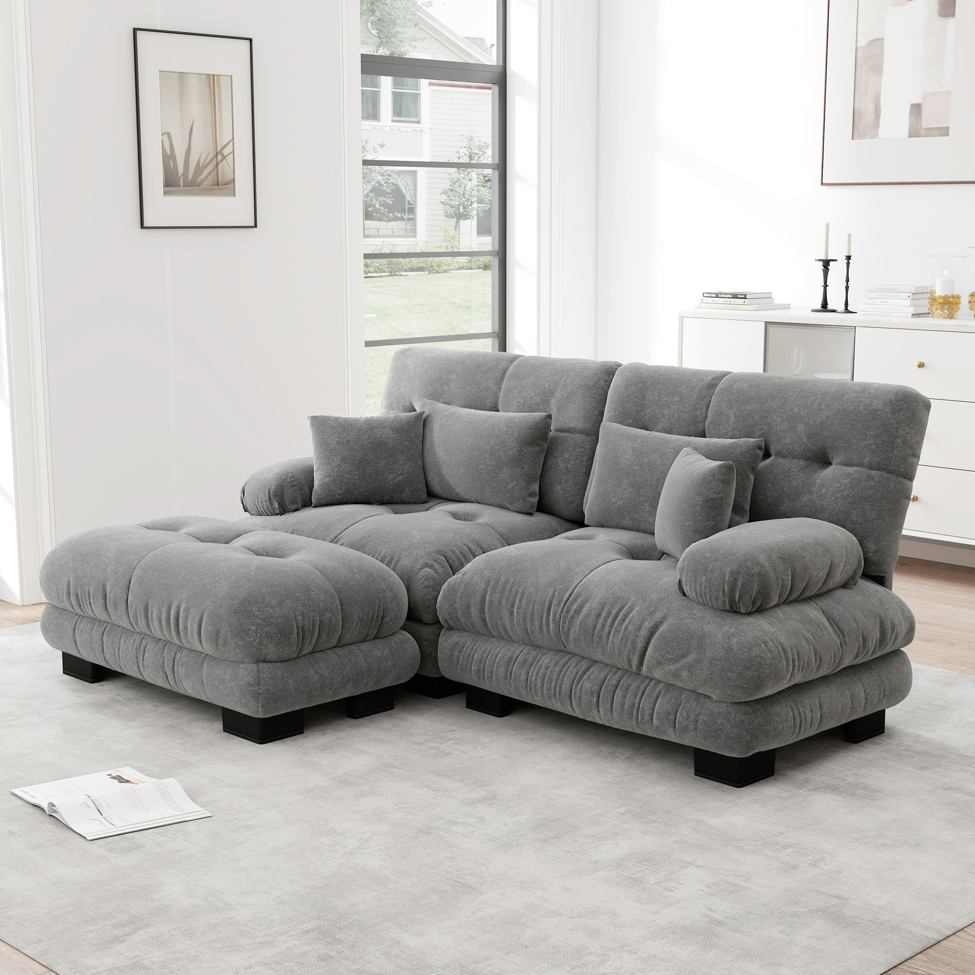 Canapé d'angle modulable en chenille gris avec ottoman et 4 coussins inclus pour salon et bureau
