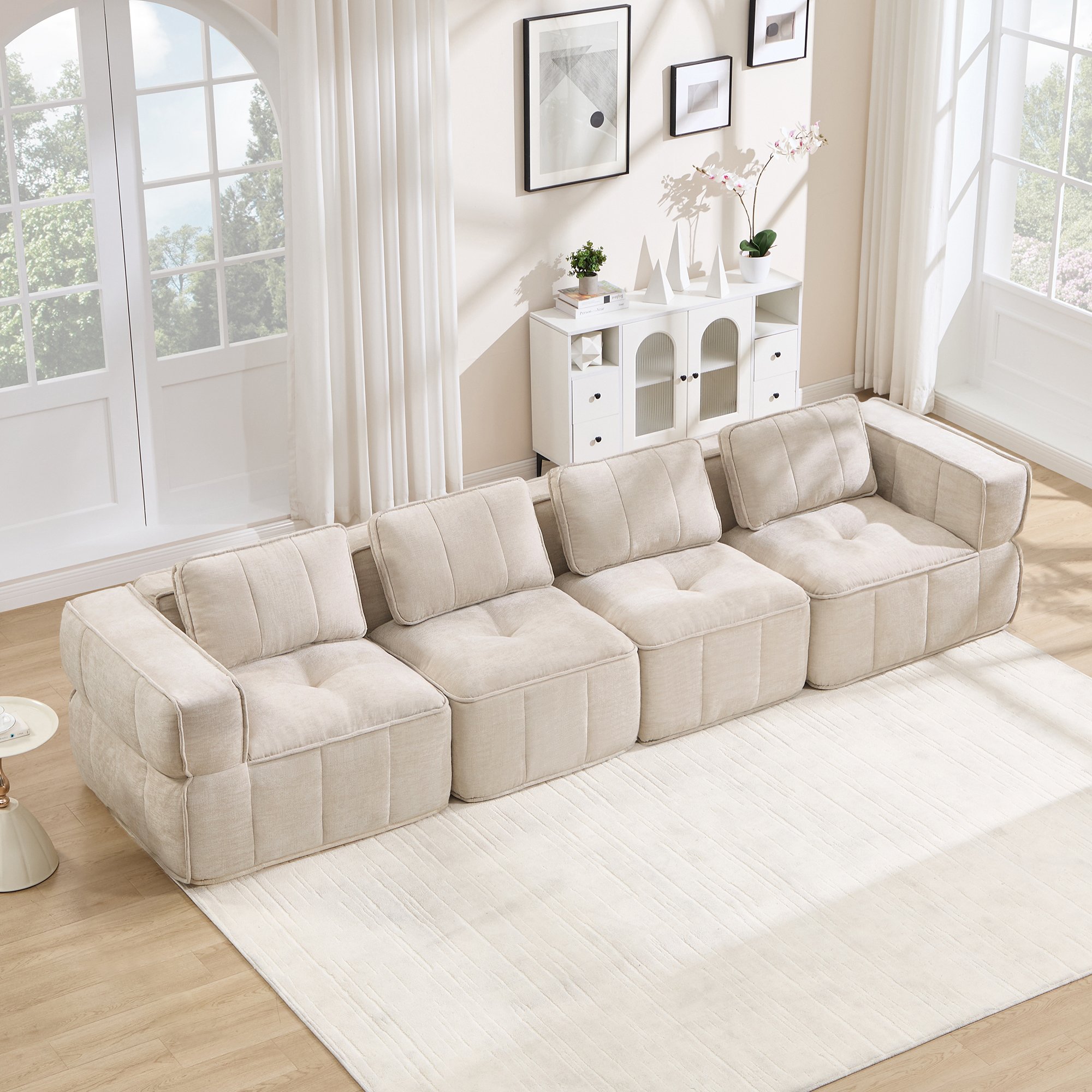 Canapé modulable sans cadre 4 places en mousse haute densité 32D, tissu polyester beige, design nuage pour salon moderne
