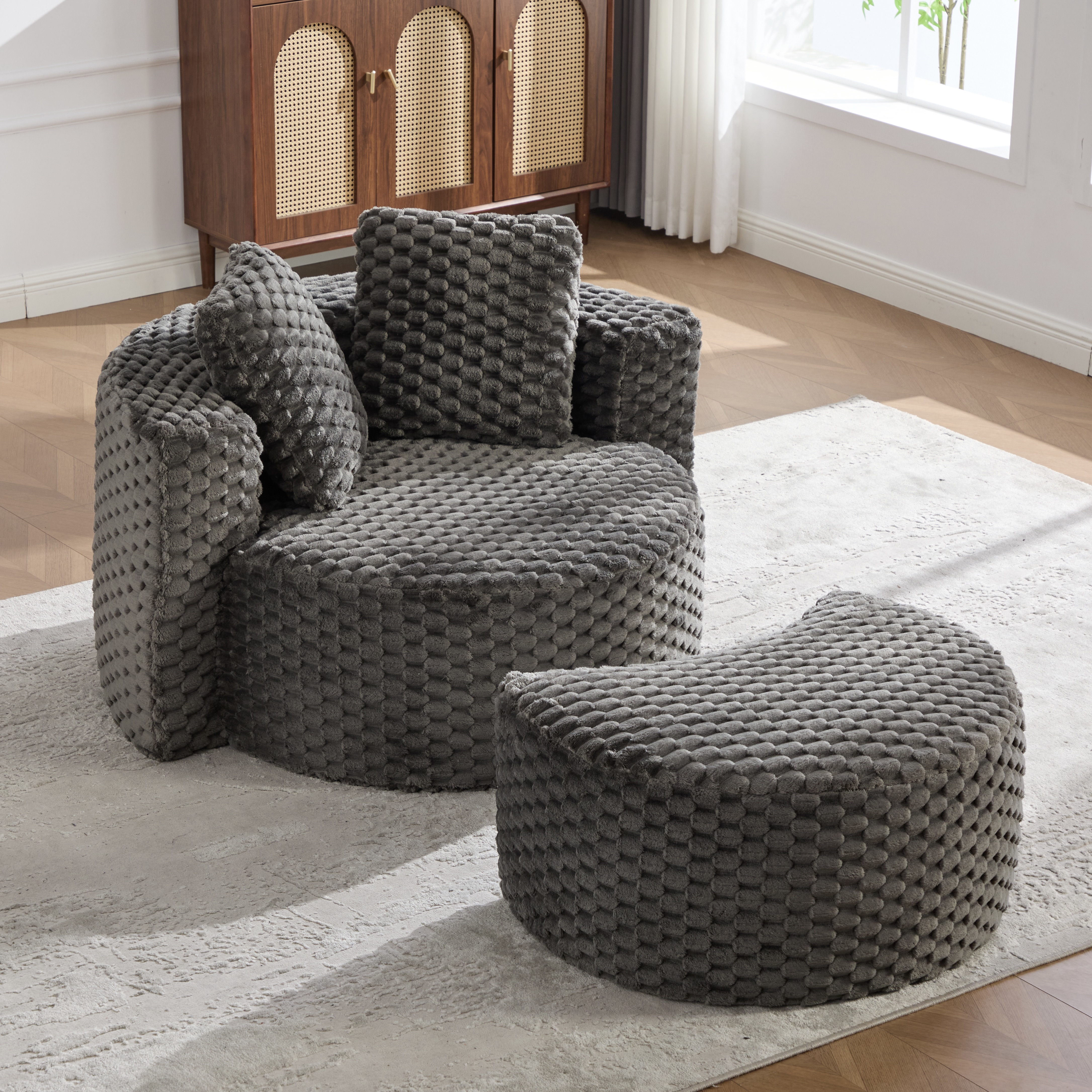 Fauteuil Individuel Gris Foncé Avec Repose-Pieds, Design Courbe Moderne Tissu Confortable Pour Salon Ou Chambre, Livraison Compressée Sans Montage