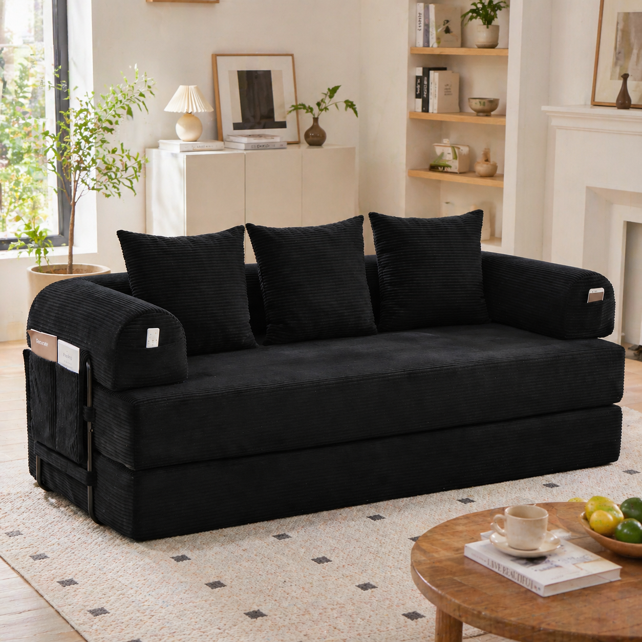 Canapé d'angle noir 2 places en velours côtelé 200x94x67 cm avec 3 coussins et poches latérales