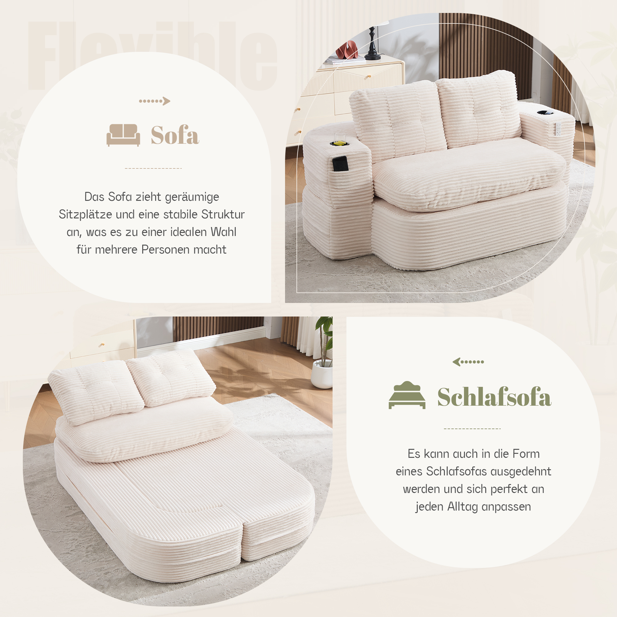 Canapé 2 places en velours côtelé beige, structure sans cadre en mousse haute densité et assise extra profonde