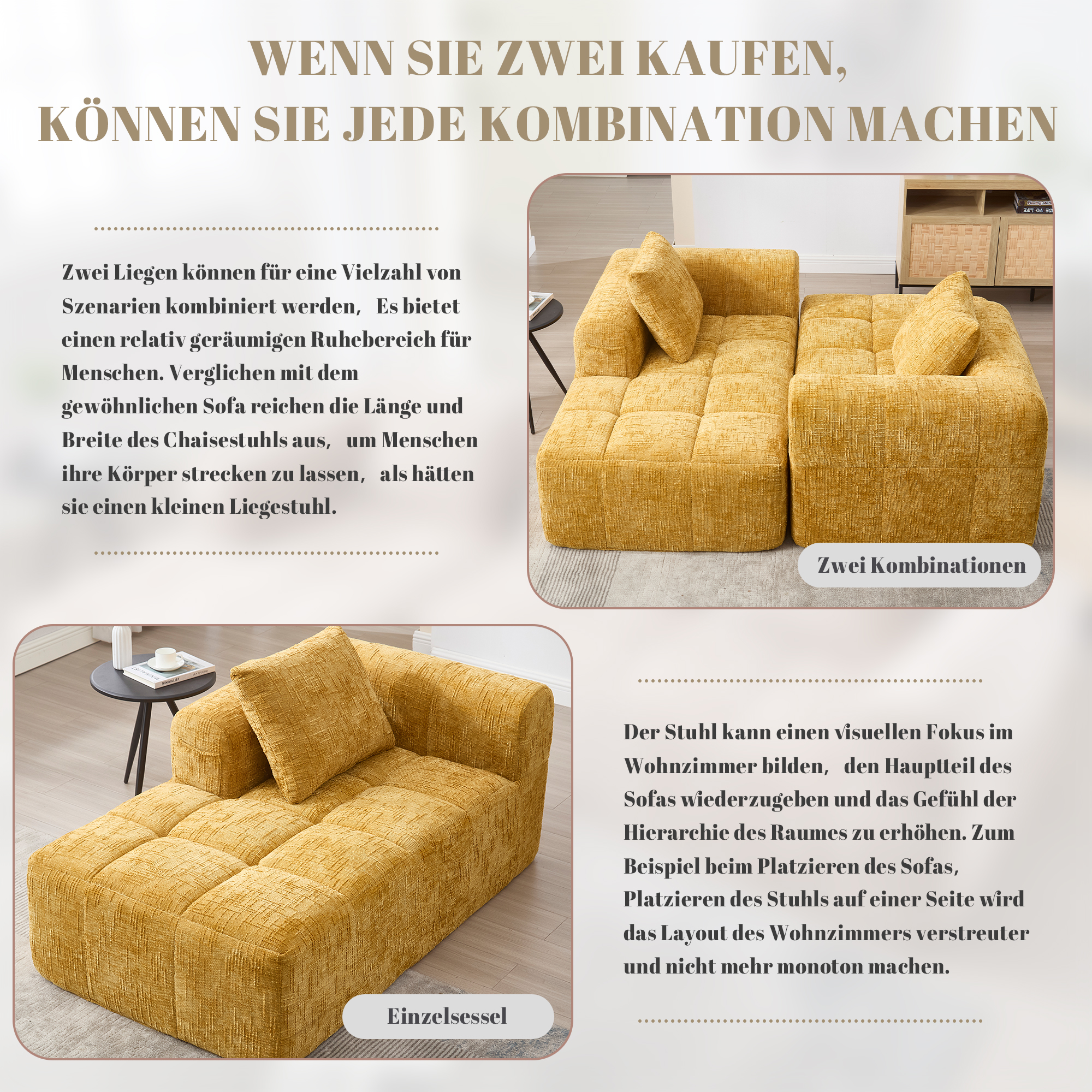Canapé méridienne en chenille jaune, assise à retour rapide, coussin inclus et poches latérales pratiques