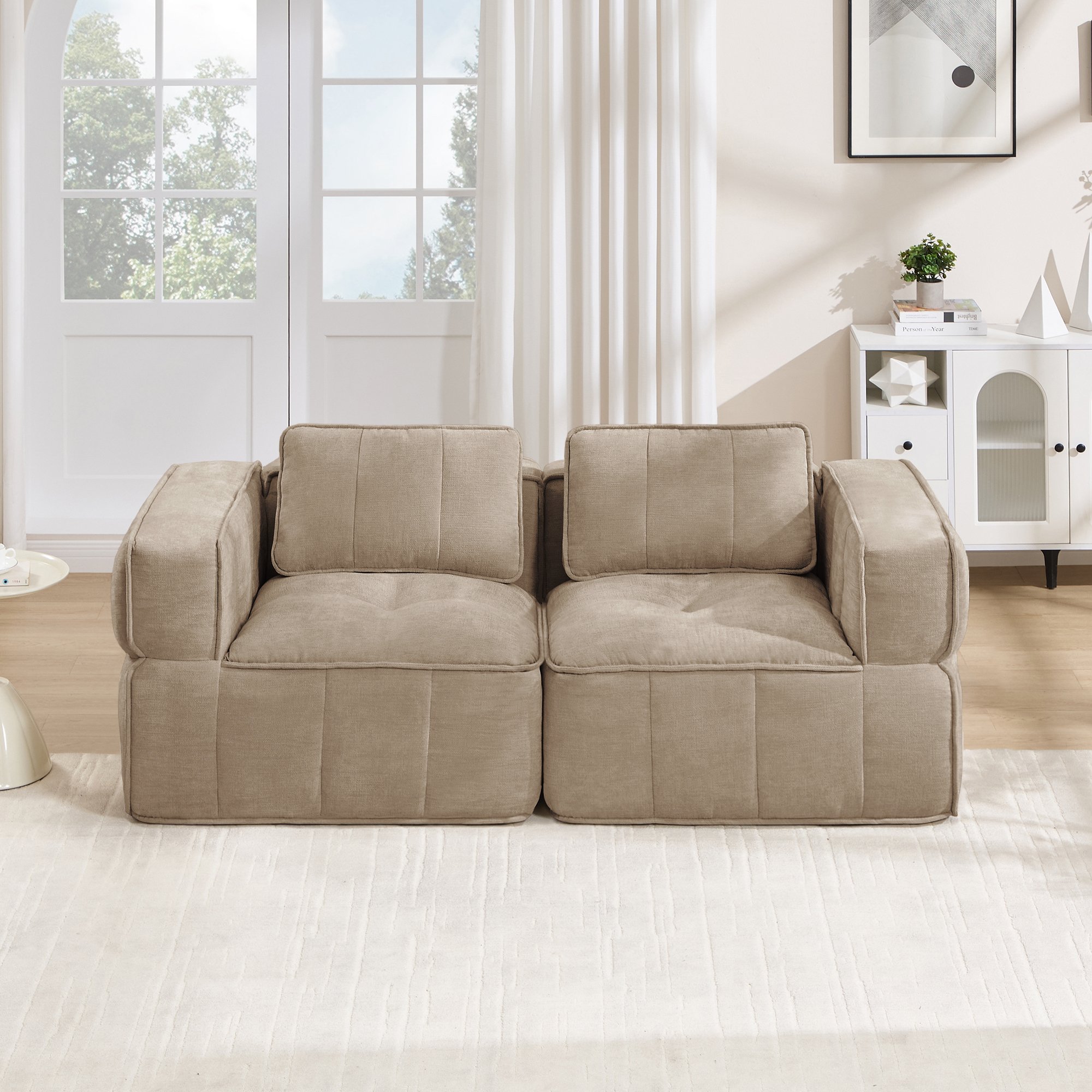 Canapé 2 places modulable sans assemblage, mousse 32D haute résilience, tissu polyester anti-abrasion, style contemporain sable