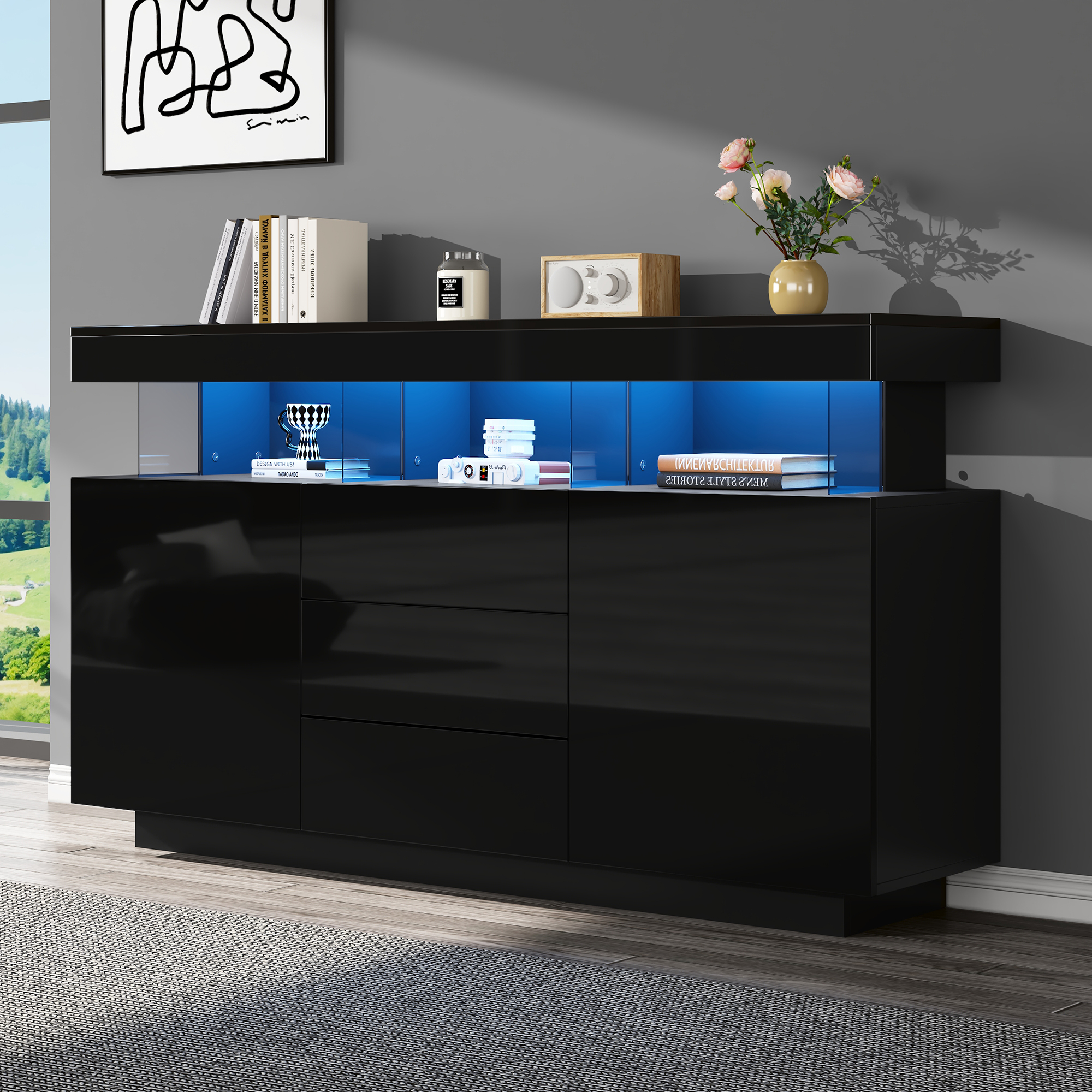 Buffet Noir Acryl Brillant 140x35x80 cm, Meuble en Panneaux de Particules avec 3 Tiroirs et Portes pour Rangement