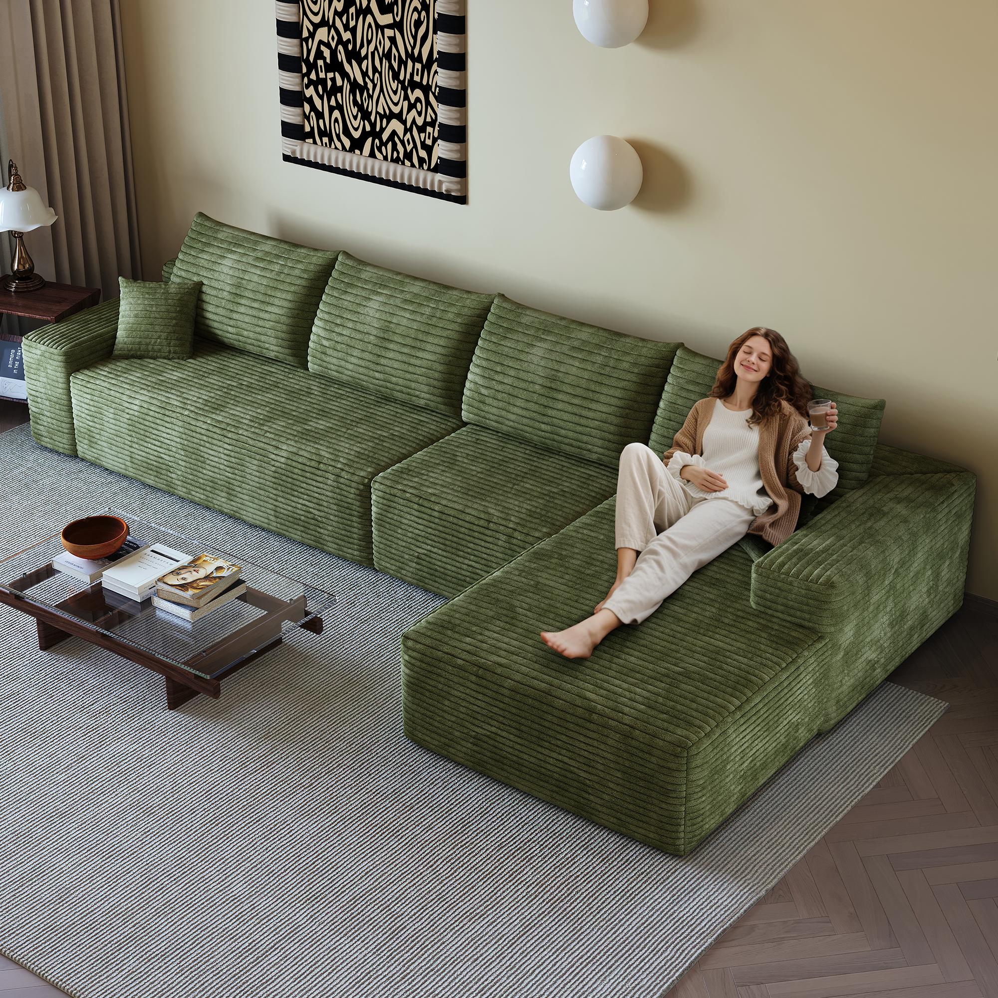 Canapé d'angle 340x175cm vert en velours côtelé, structure modulaire sans montage, assise profonde haute densité pour salon moderne