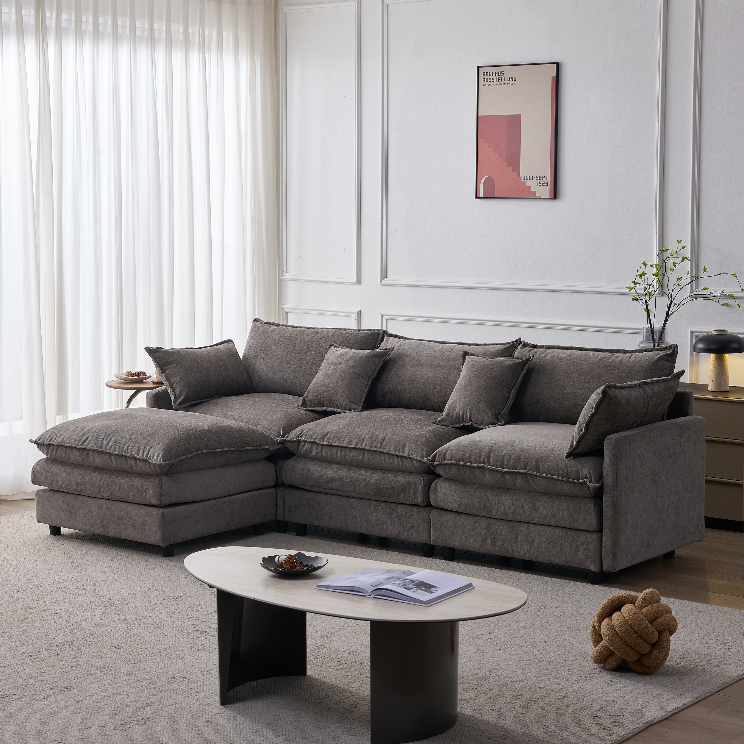 Canapé d'angle 3 places en tissu Chenille gris avec méridienne et pouf mobile pour salon moderne