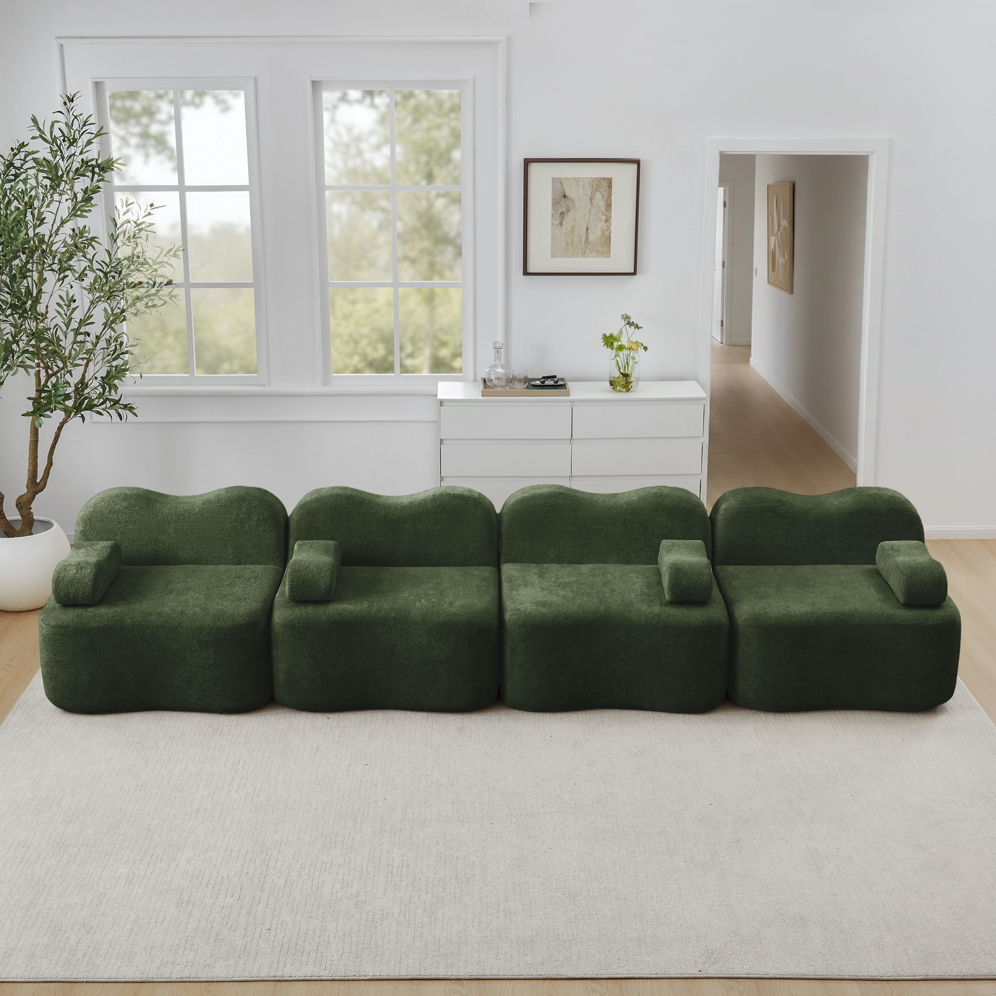 Canapé Modulable 4 Places Vert, Dimensions 384x98x70 cm, Structure Sans Ossature avec Coussins d'Accoudoirs Mobiles