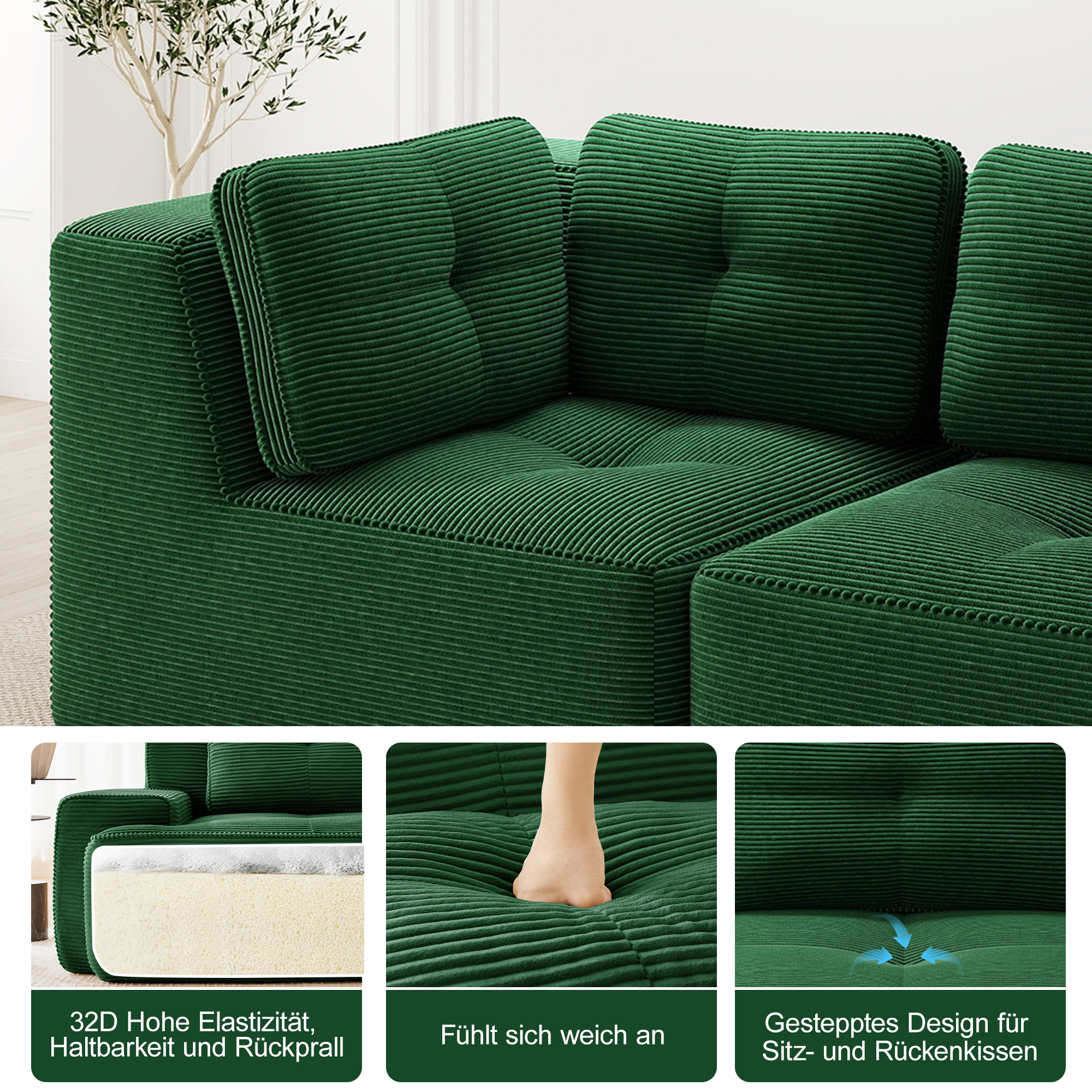 Canapé Modulable D'Angle Vert Sans Cadre Avec Ottoman Confort Nuage Mousse Haute Densité 32D Salon Moderne Facile Entretien