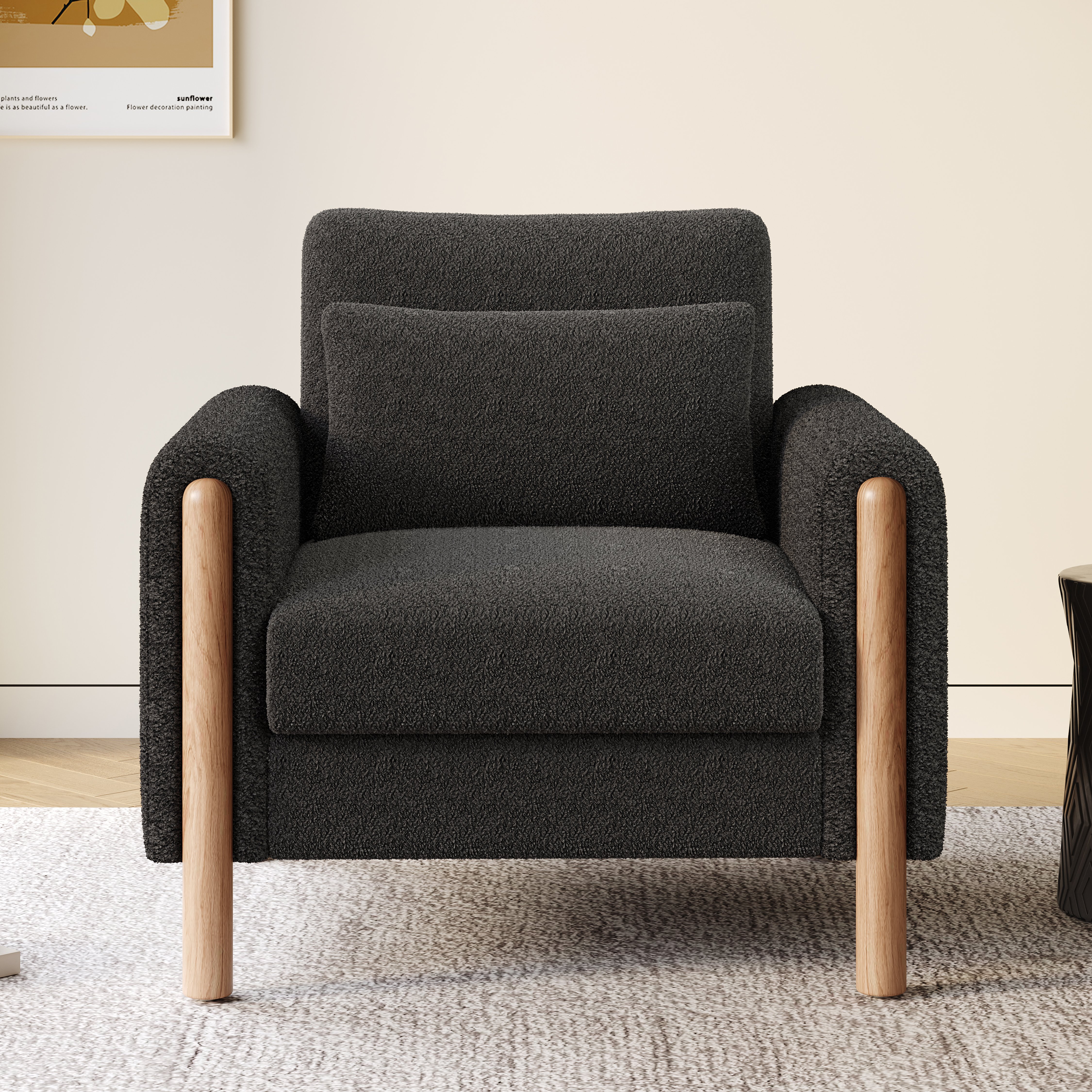 Canapé 1 place en teddy gris foncé avec coussin épais et accoudoirs, assise haute densité 87x83x88,5 cm