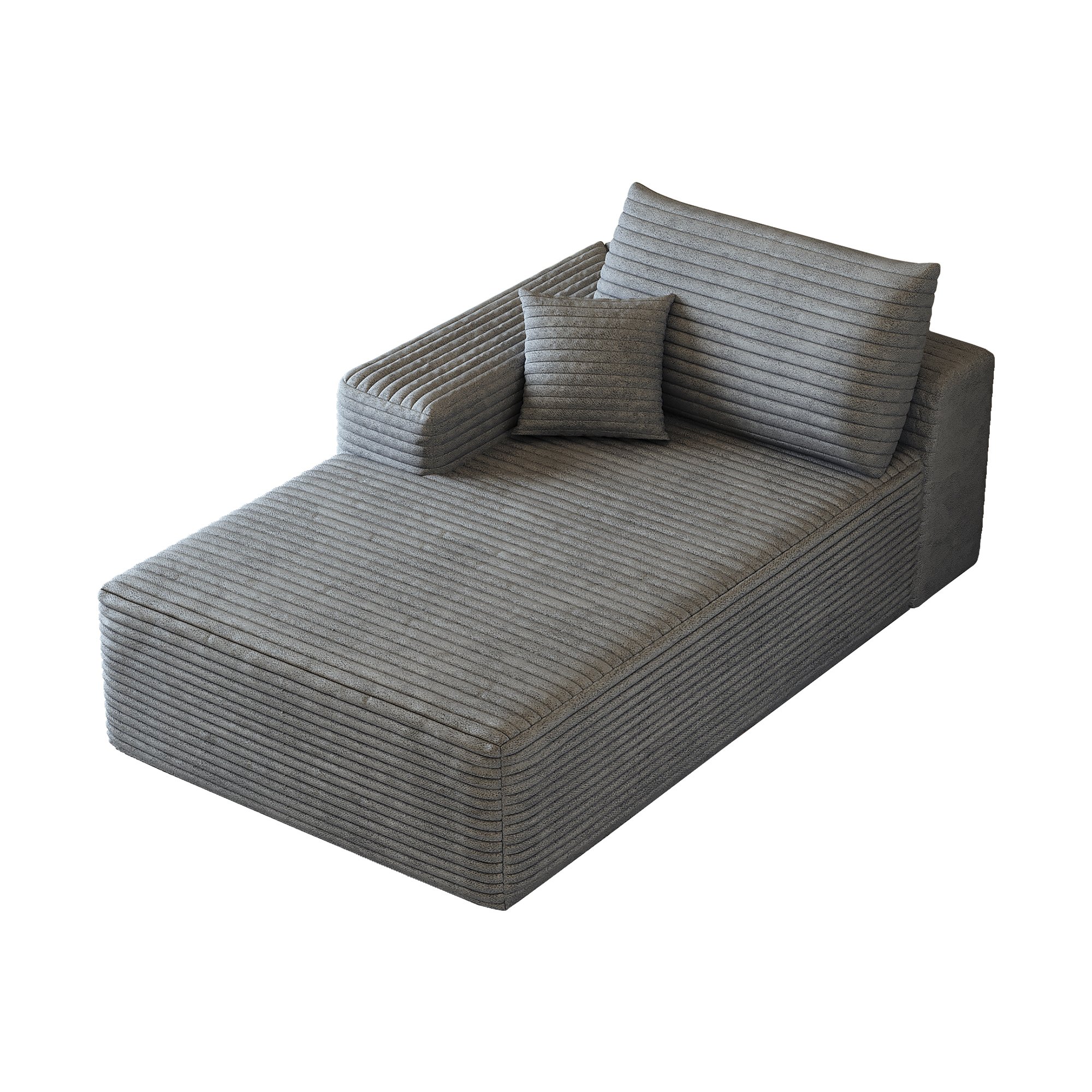 Canapé d'angle gauche gris en velours côtelé sans montage, structure modulaire avec méridienne et assise profonde pour salon moderne