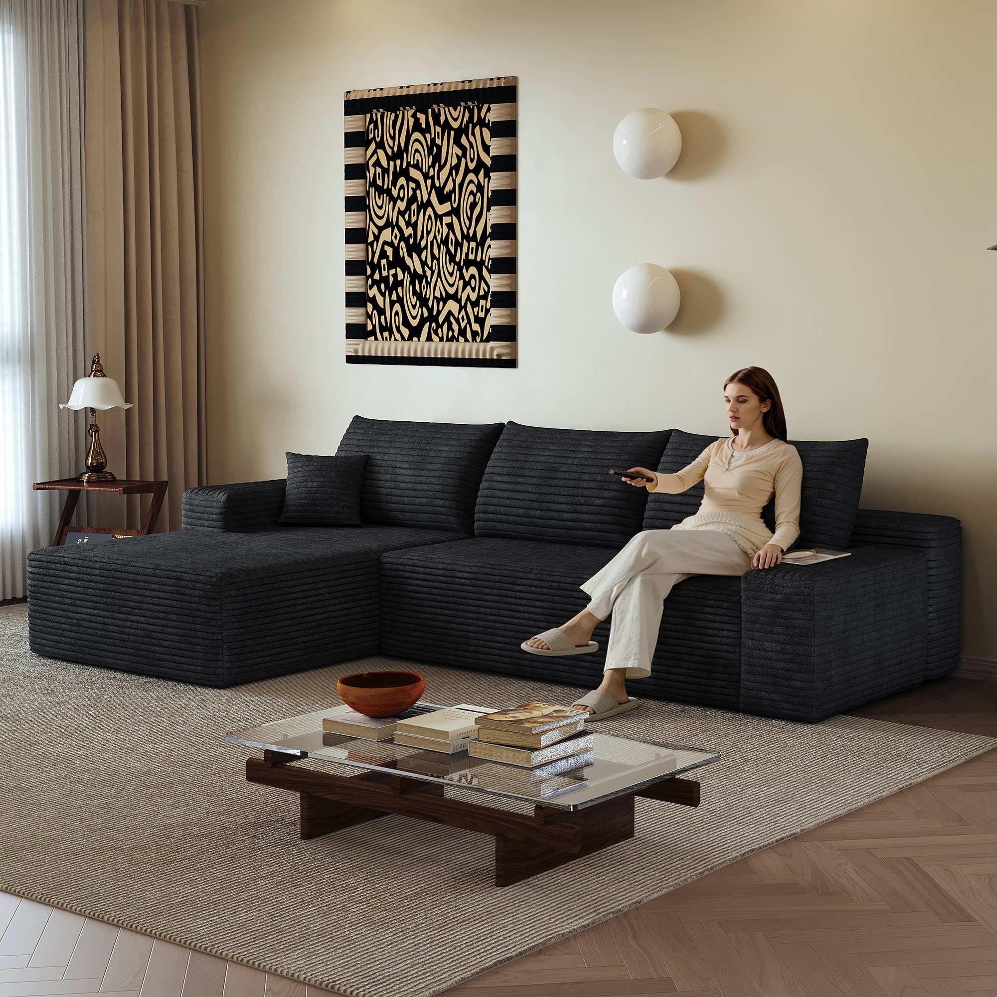 Canapé d'angle noir 270x175cm en tissu côtelé, structure modulaire sans montage, assise profonde pour salon moderne