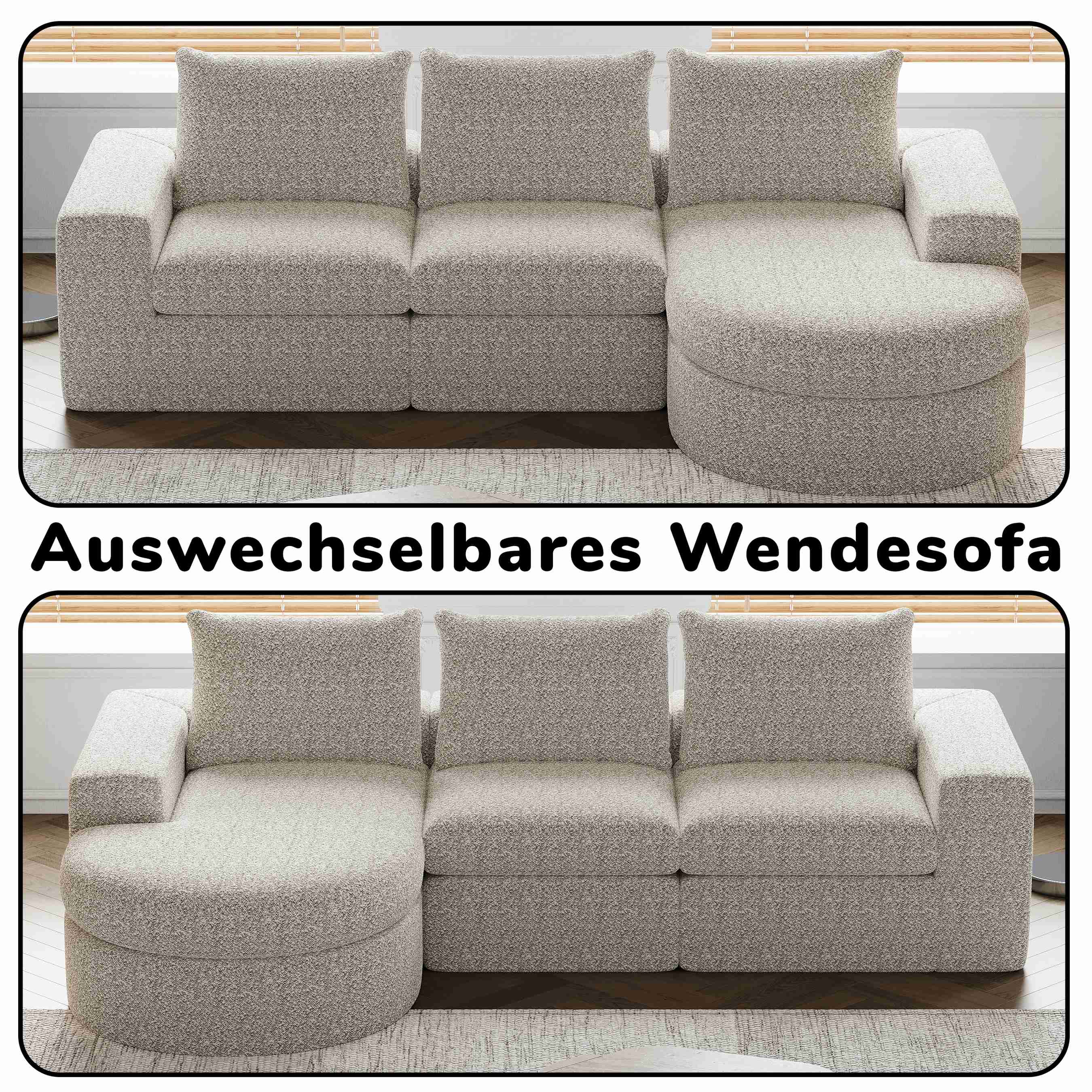 Canapé modulable beige en tissu chenille, ensemble sans structure avec coussins amovibles et mousse haute densité pour salon moderne