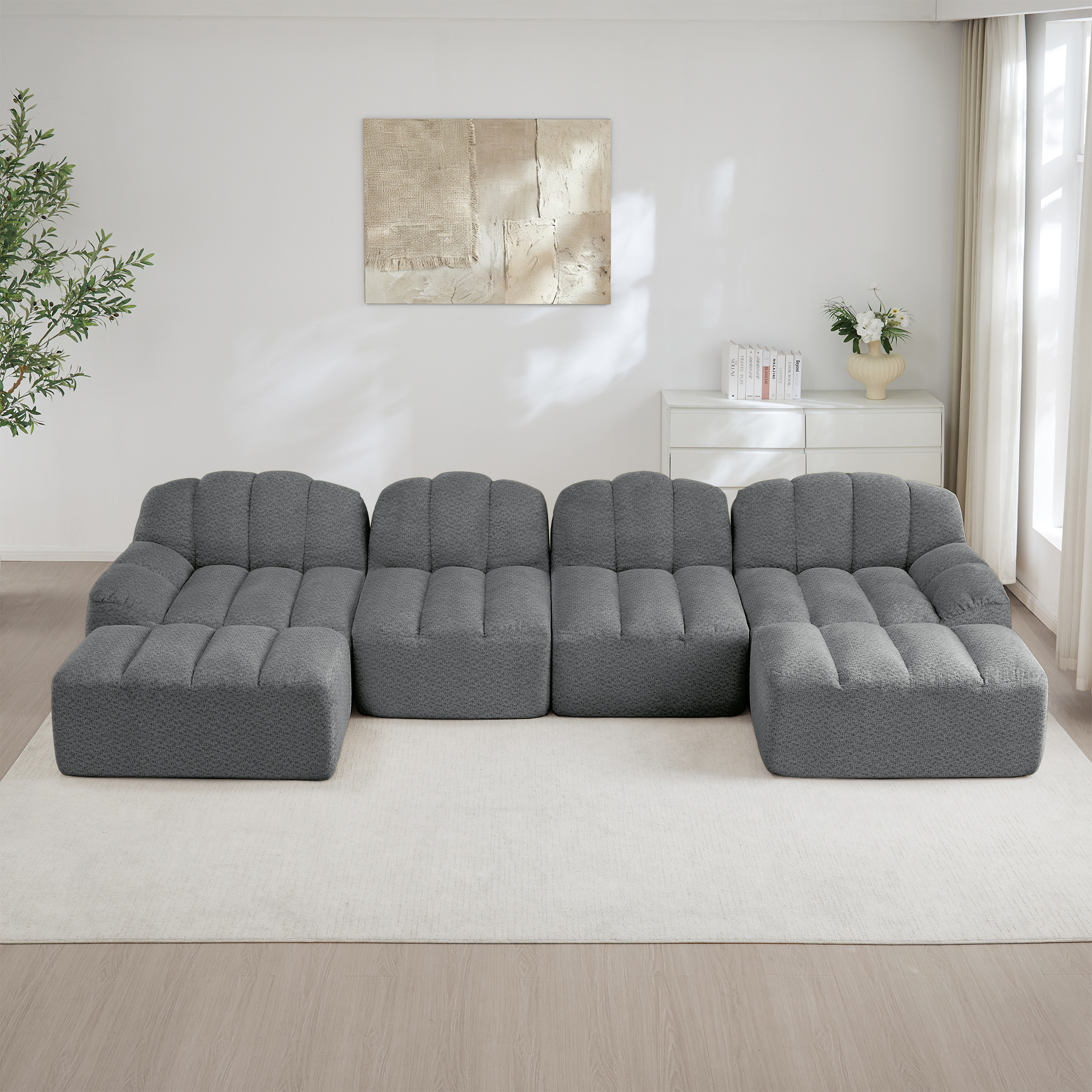 Canapé modulable panoramique en U 4 places, revêtement tissu polaire granuleux gris, structure sans dossier ergonomique et profonde