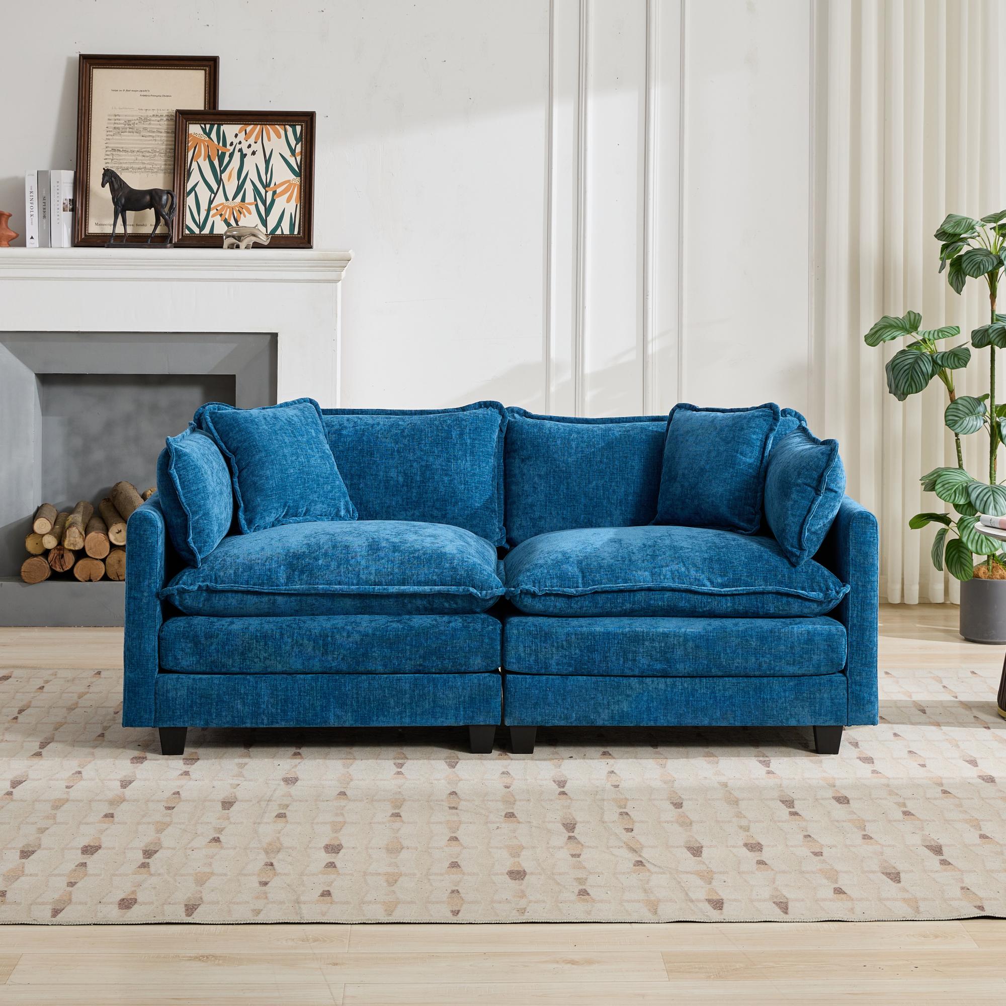 Canapé 2 places 195 cm de large, tissu chenille bleu et assise rembourrée double couche pour salon