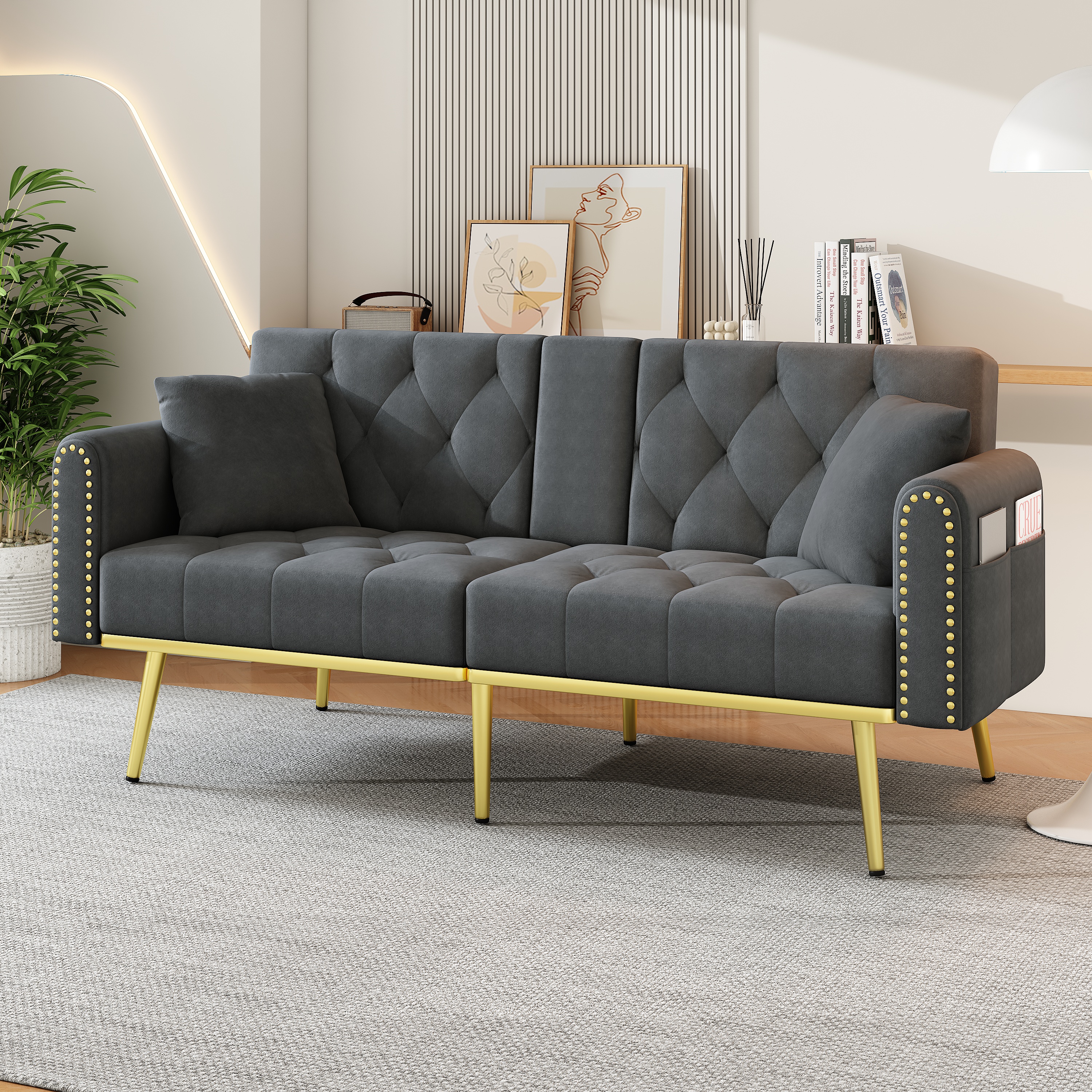 Canapé-lit convertible en velours gris 175x80x73,5 cm cadre bois massif et pieds métal avec dossier inclinable