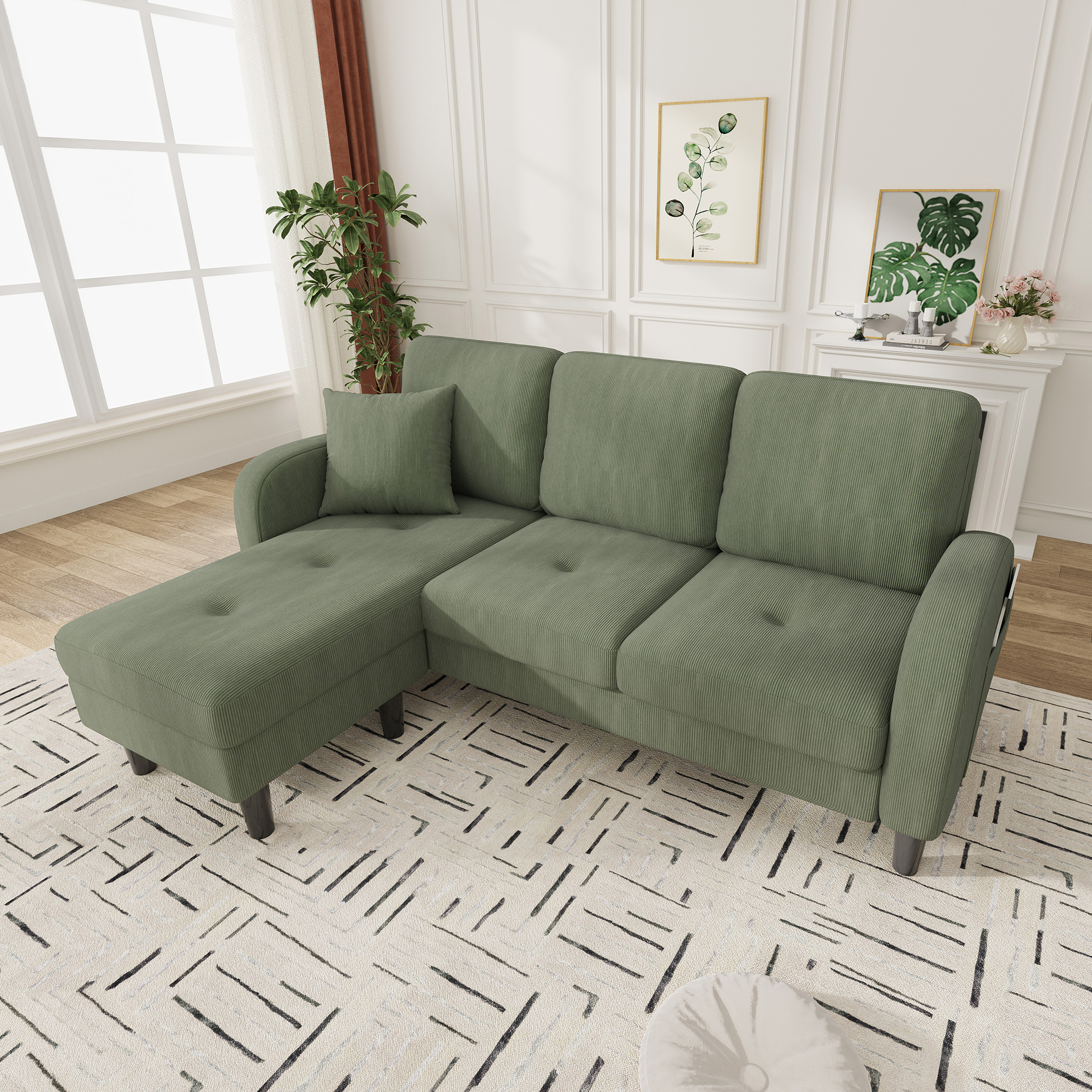 Méridienne Réversible Canapé d'angle 3 Places avec Tissu Cord Vert et Pieds Plastique pour Salon Compact