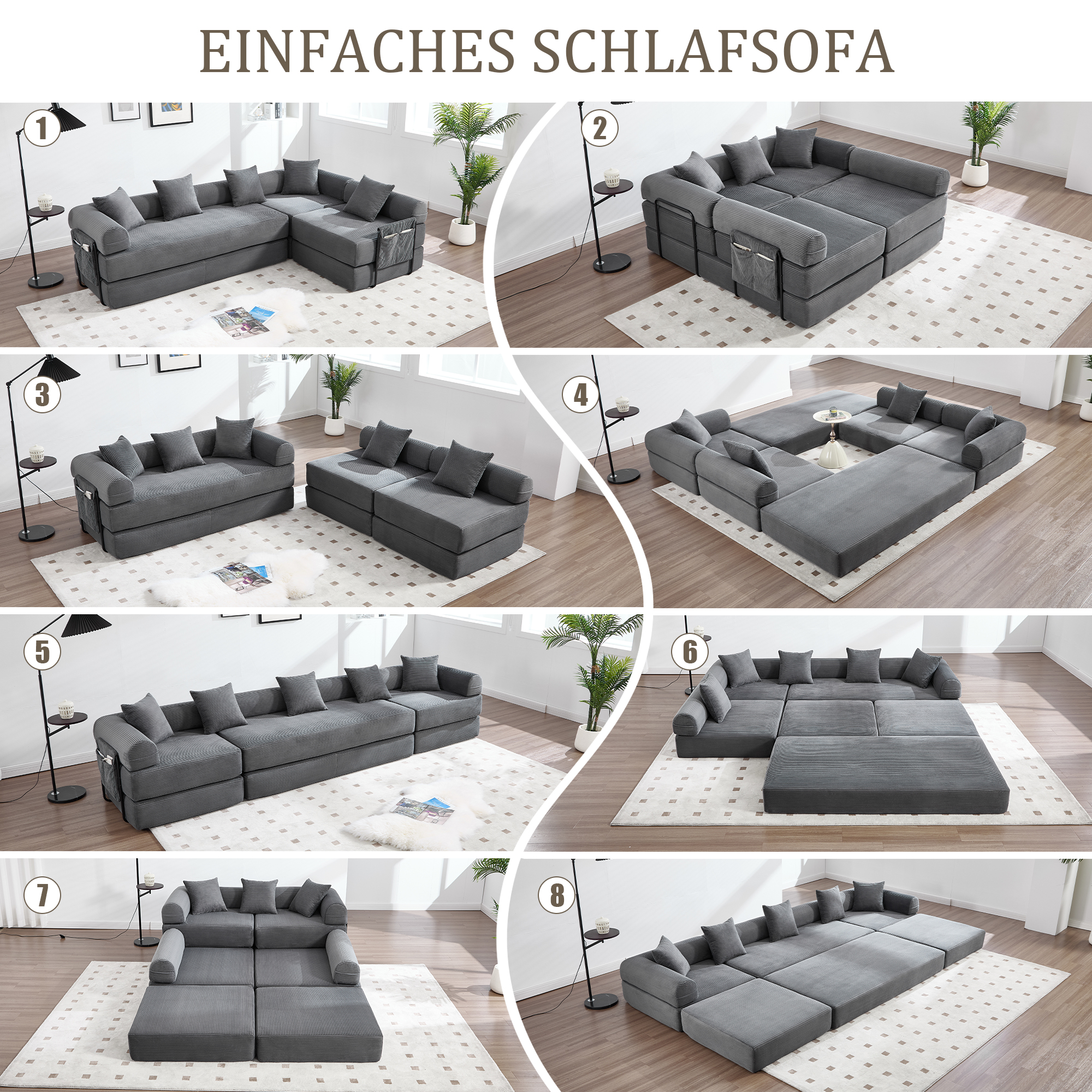 Lit avec rangement 270x180x64 cm en velours côtelé gris foncé, structure modulable et rangement latéral intégré