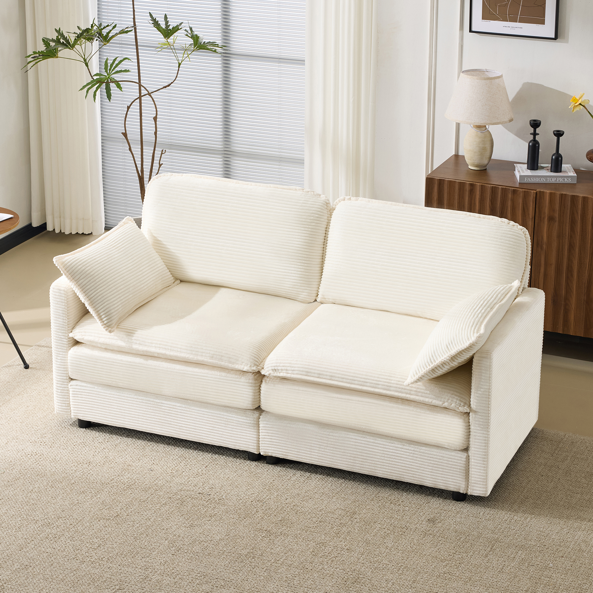 Canapé Modulable 2 Places Blanc Tissu Respirant Structure Bois Stable Design Minimaliste Contemporain Salon