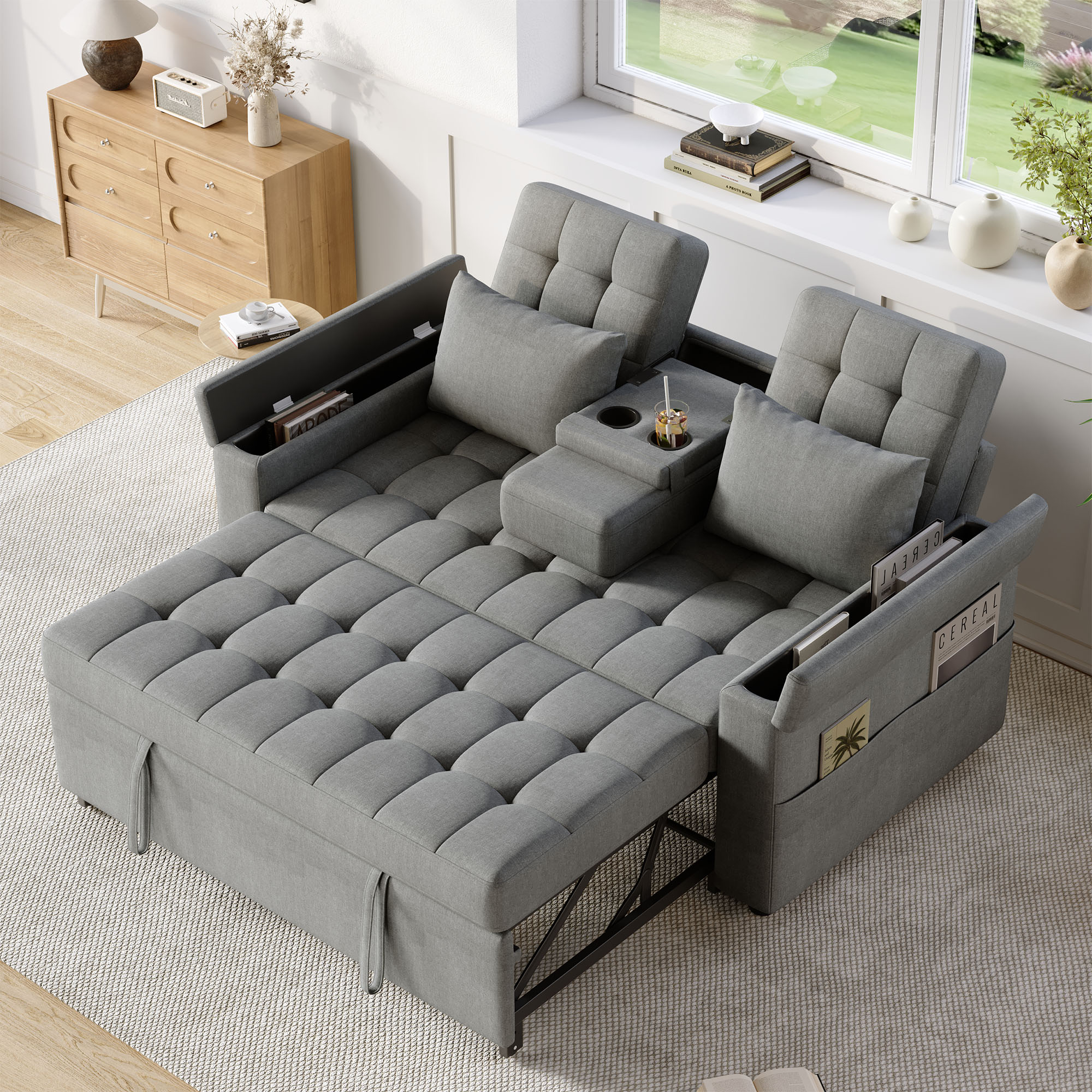 Lit avec rangement et tiroirs intégrés 2 places avec dossier réglable et coussins inclus en tissu aspect lin gris