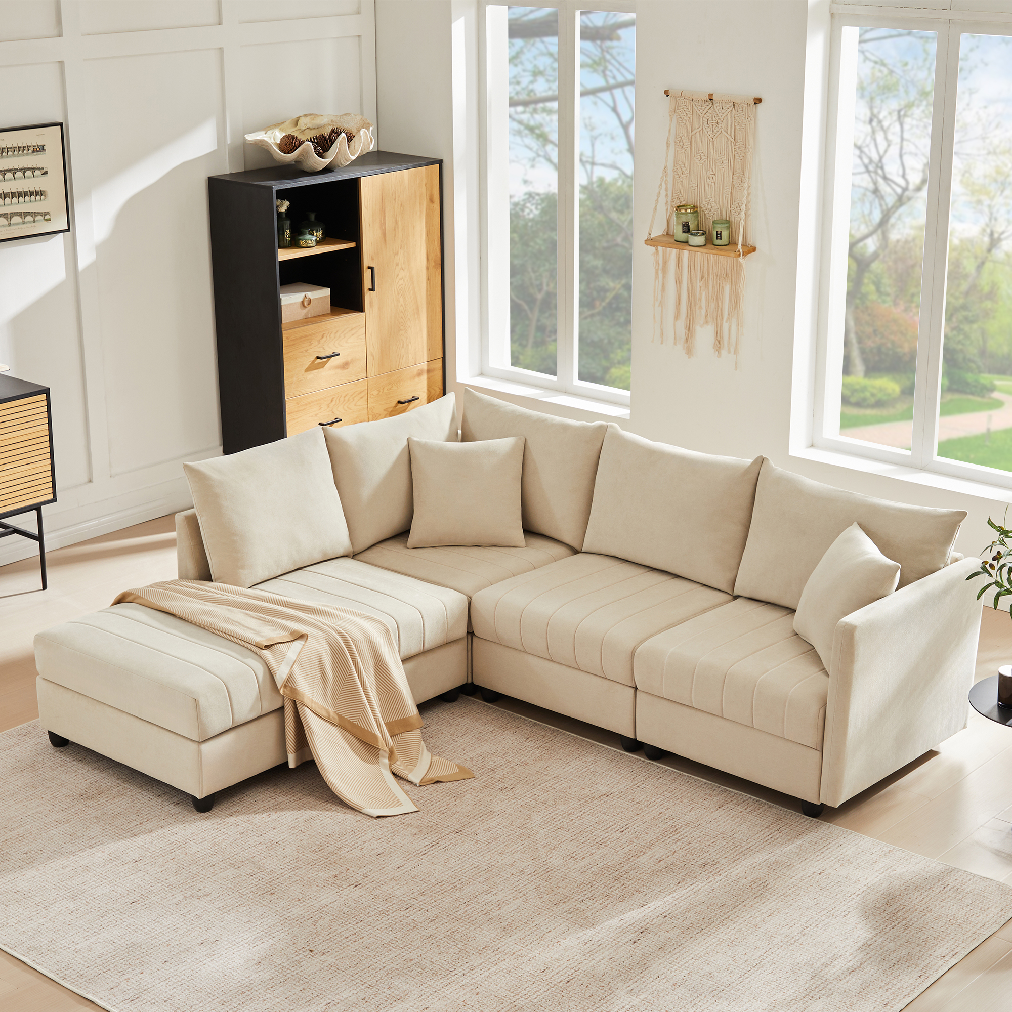 Canapé d'angle 5 places en tissu linoptique beige avec ressorts ensachés et mousse haute élasticité