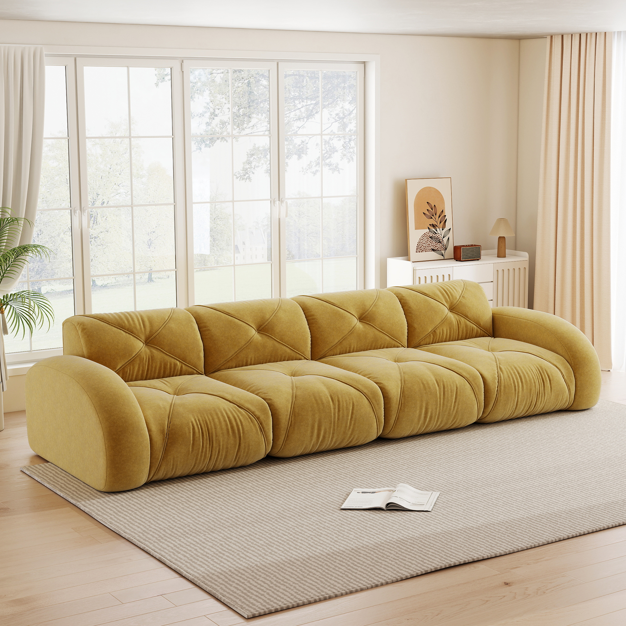 Canapé modulable chenille jaune 358x95x76 cm, assise en mousse 32D sans cadre intérieur, revêtement anti-dérapant et durable