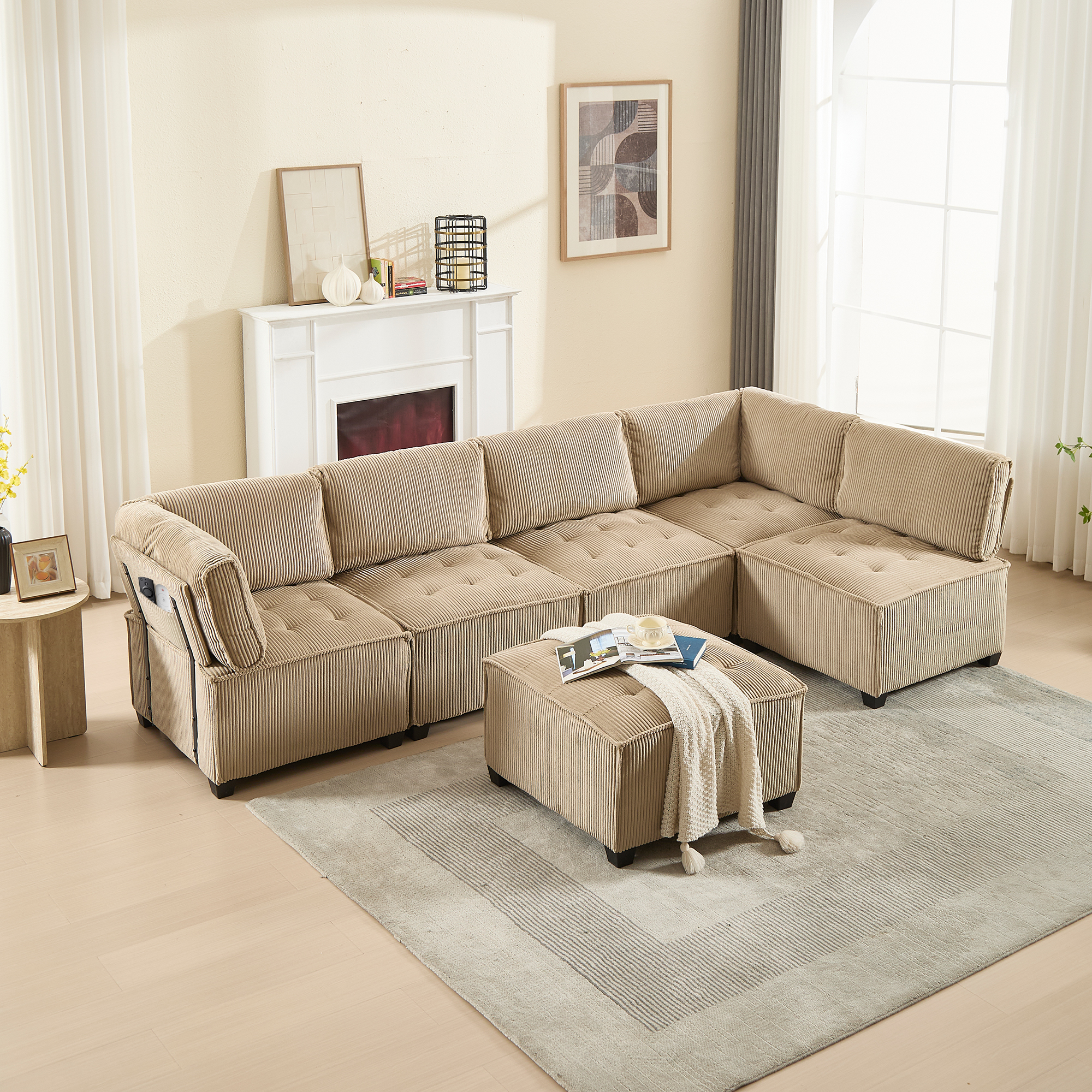 Canapé modulaire 6 places en velours côtelé kaki avec rangement accoudoirs, convertible en lit, à monter soi-même