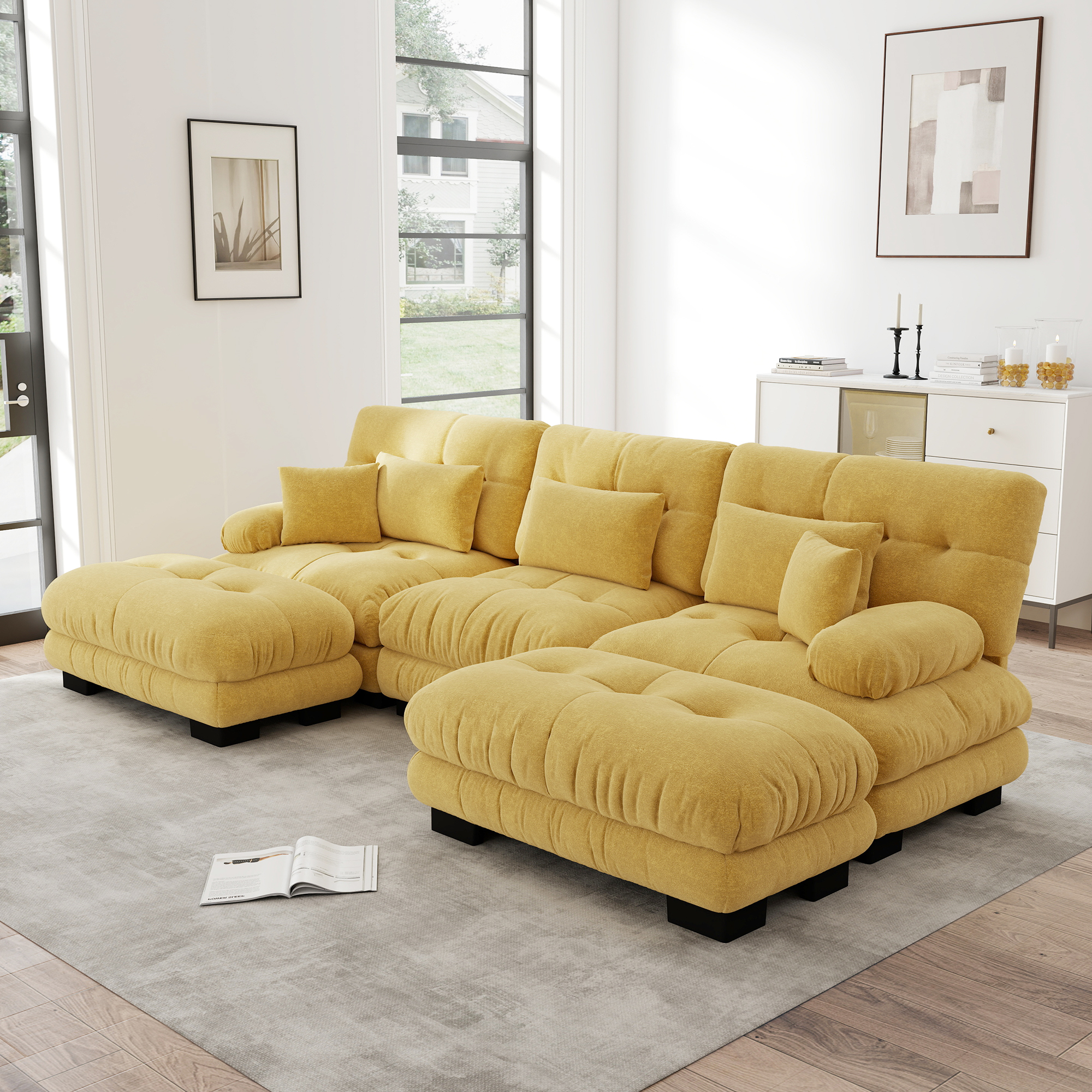 Canapé Modulable D'angle En U Avec Ottoman, Canapé Salon Contemporain En Chenille Jaune, Grand Format 313x145 Cm