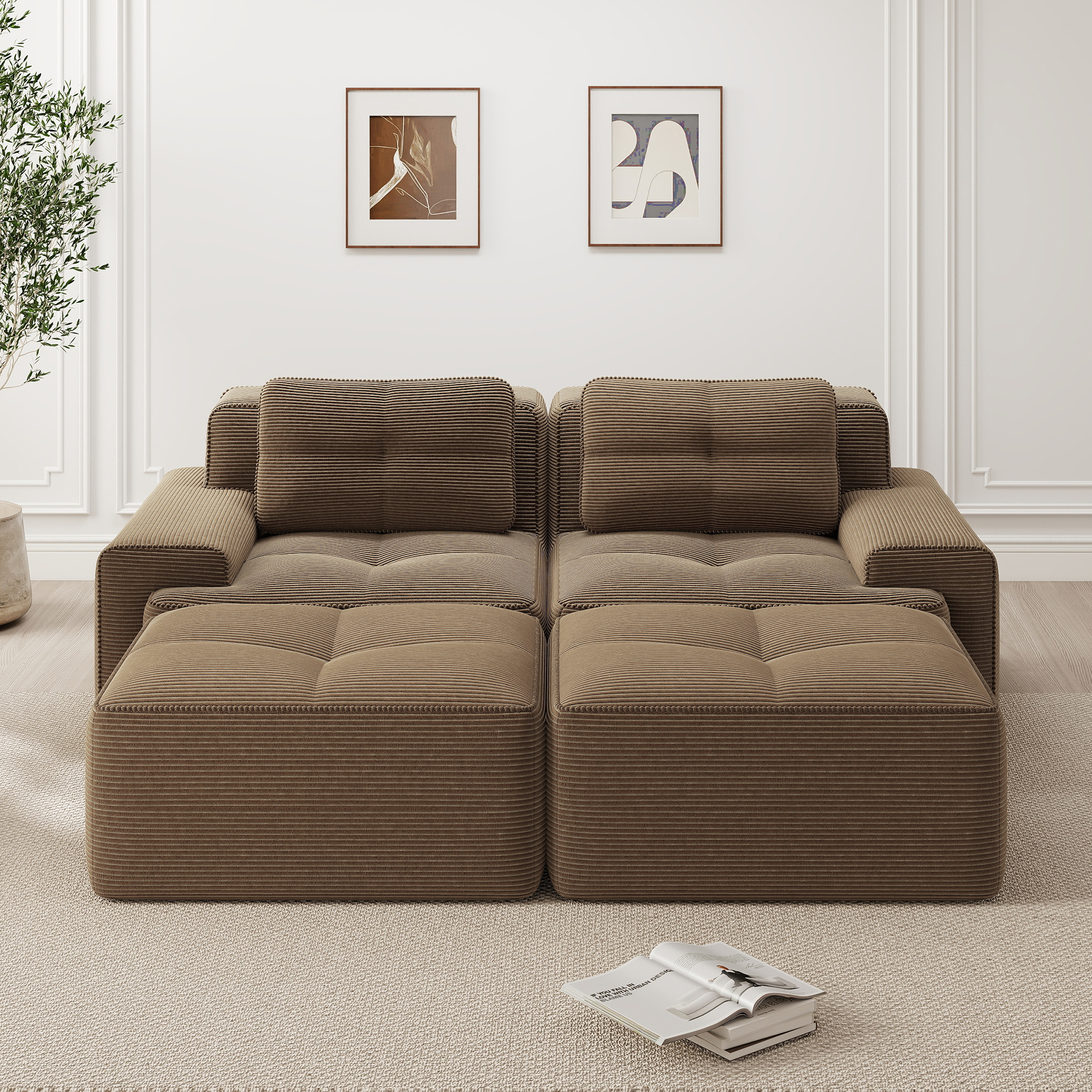 Canapé Modulable 2 Places En U, Tissu Velours Côtelé Marron, Structure Boneless Moderne, Confort Cloud Et Design Contemporain Salon