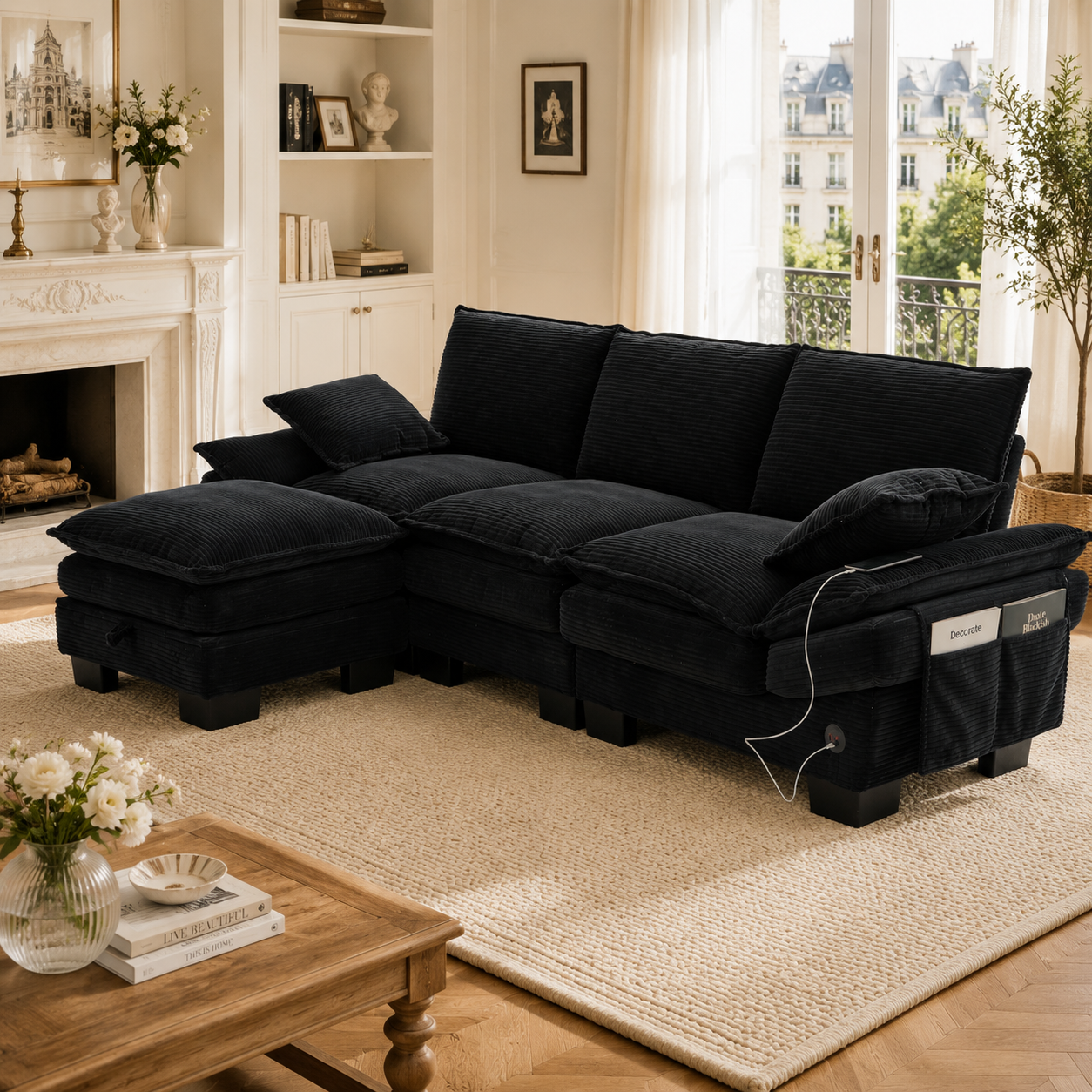 Canapé d'angle 3 places en velours côtelé noir avec pouf et port USB-C intégré pour salon