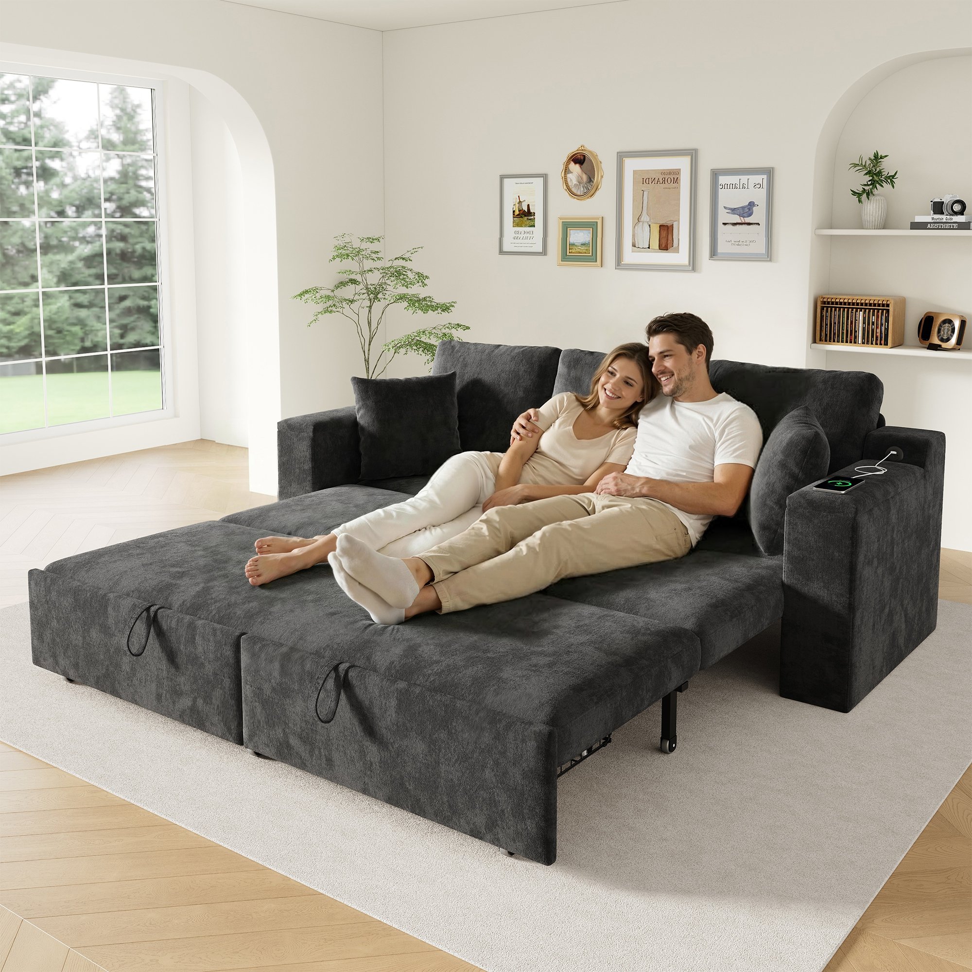 Canapé-lit 3 places avec fonction sommeil rapide, ports USB et Type-C dans les accoudoirs, rangements intégrés, tissu chenille gris