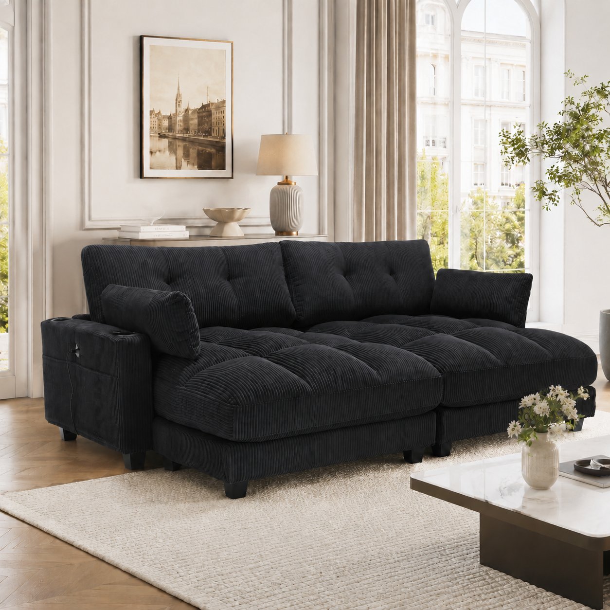 Canapé 2 places noir en corduroy, modulable en deux fauteuils, avec 4 porte-gobelets, 4 poches latérales et ports USB sur les accoudoirs
