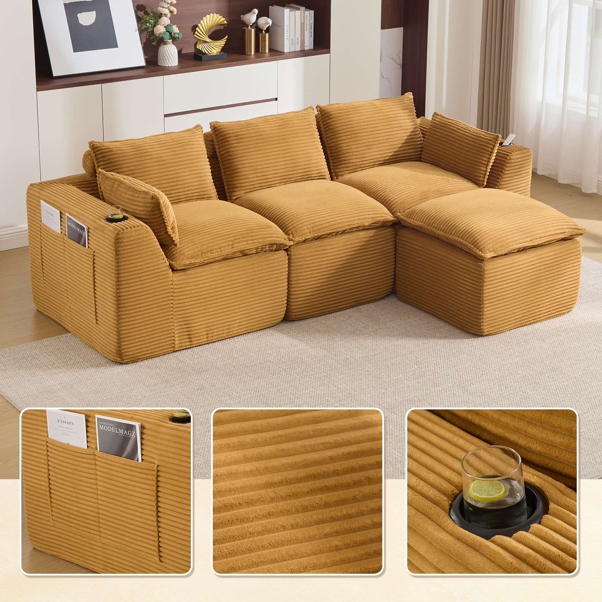 Canapé modulable 3 places avec pouf, porte-gobelets et 2 poches latérales pratiques pour le salon