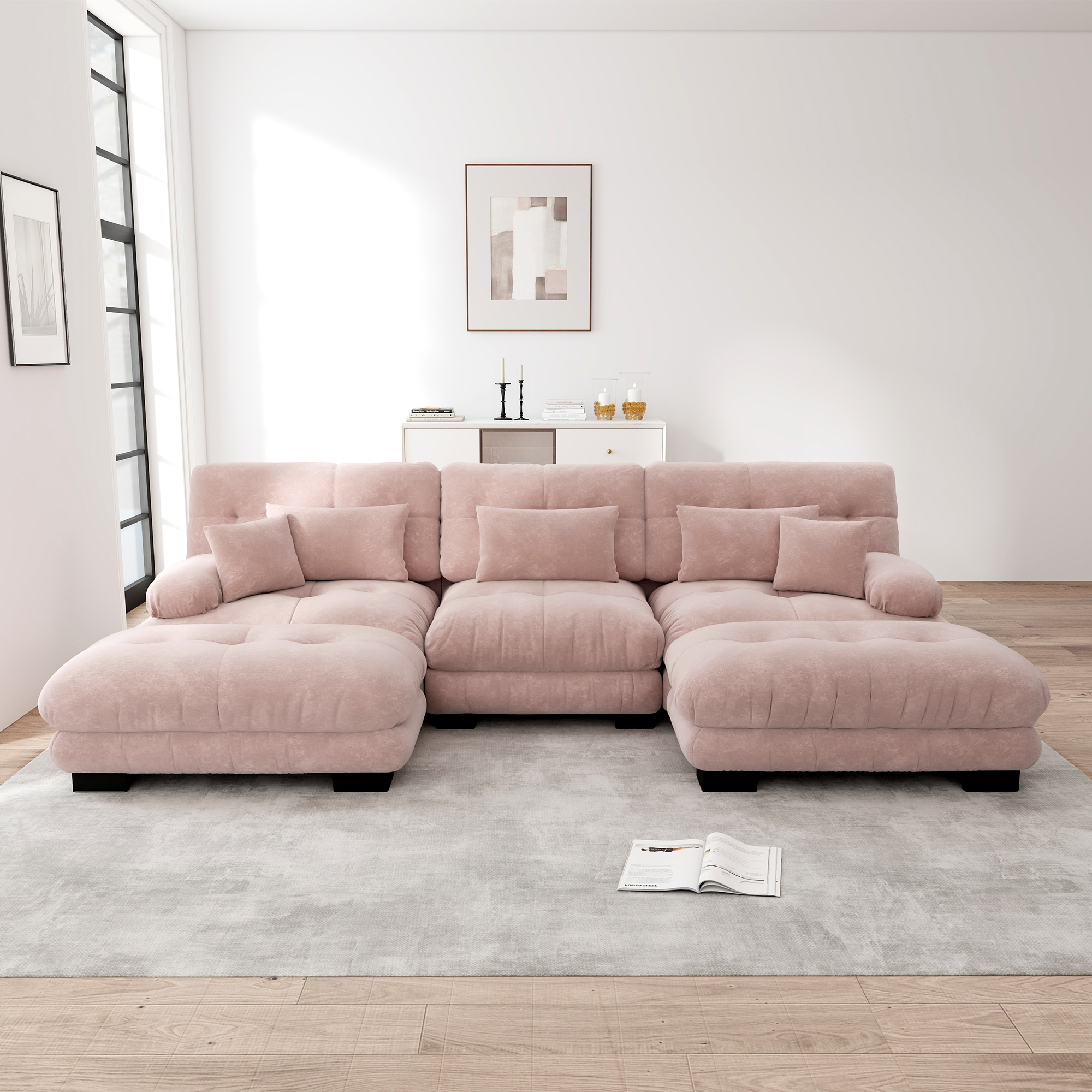 Canapé d'angle modulable en U en chenille rose avec ottoman mobile et LED pour salon contemporain