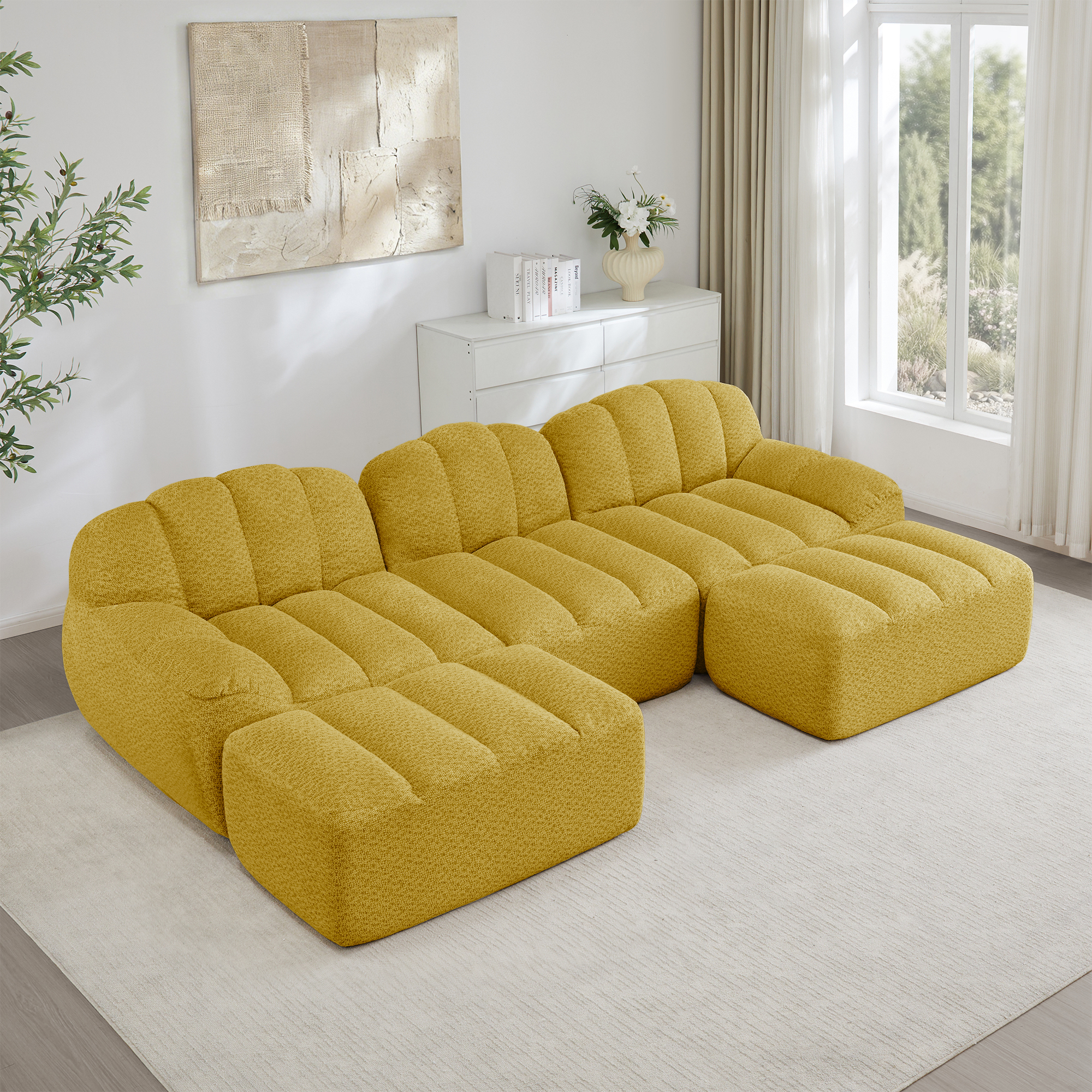 Canapé Modulable 3 Places En U Avec Tissu Granuleux Jaune Et 2 Ottomans Pour Salon Moderne