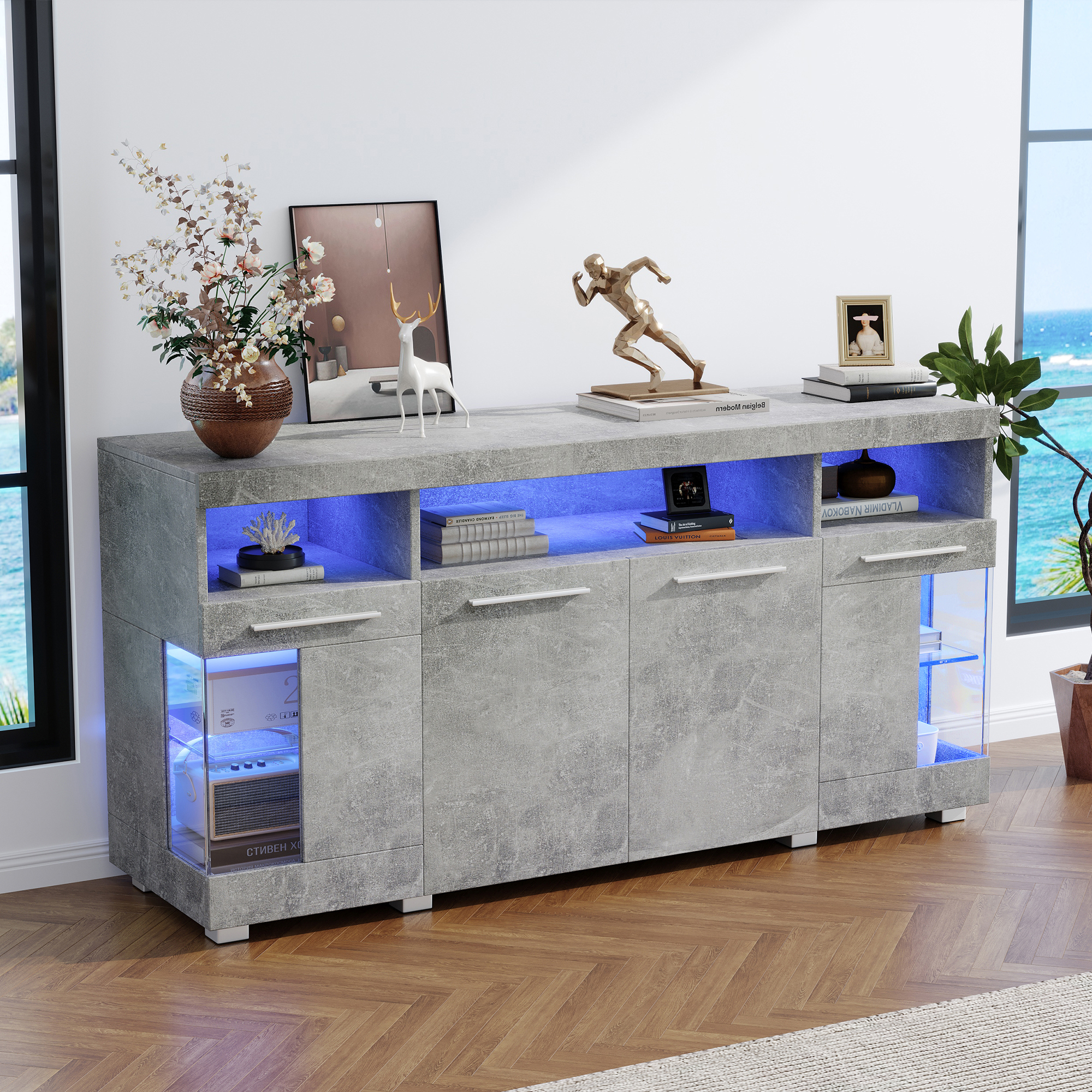 Buffet Salon Industriel Gris Ciment 140x40x70cm, Meuble Rangement LED Connecté App avec 3 Tiroirs et Verre Trempé