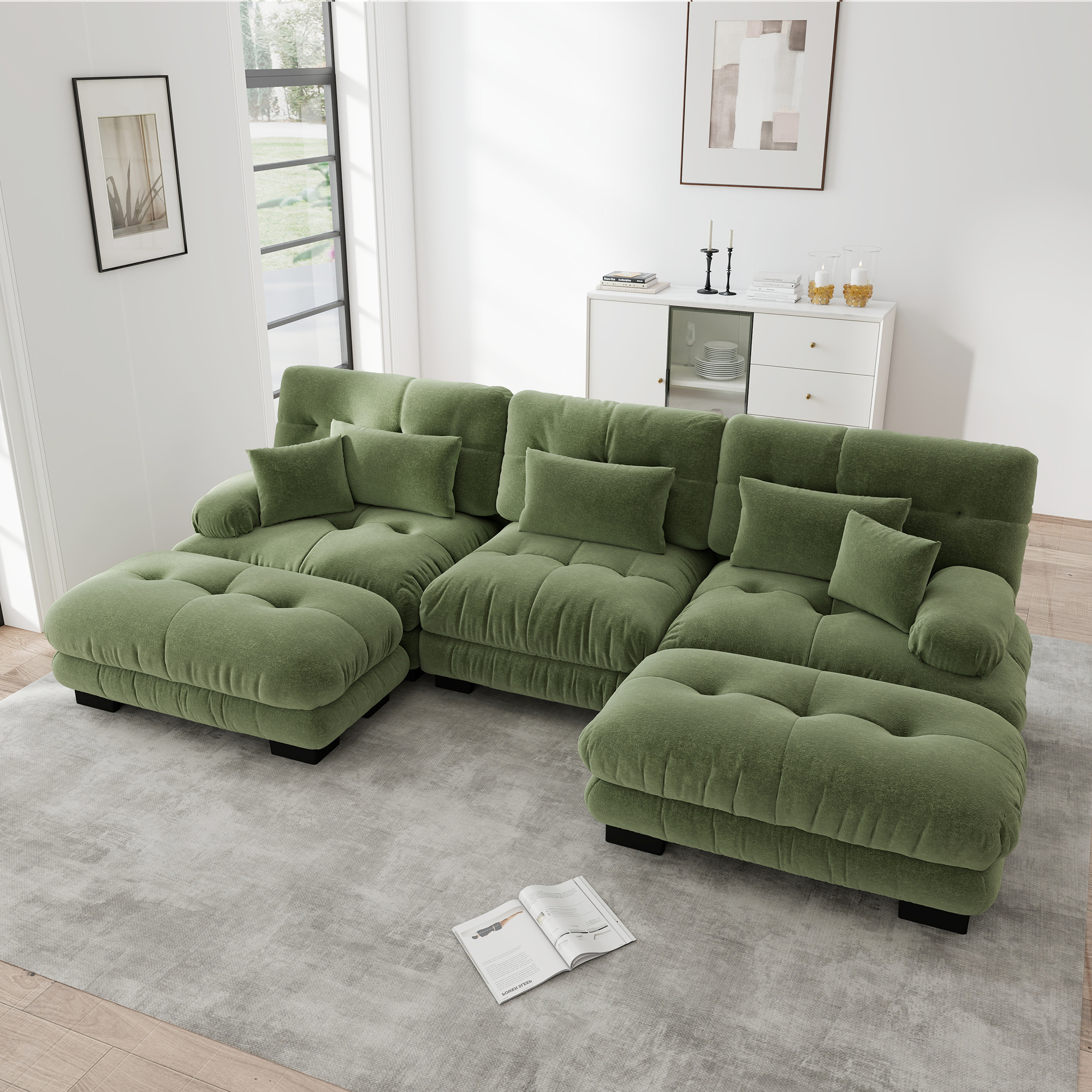 Canapé Modulable Style Cloud, Canapé Lit Profond En U Avec Ottoman Amovible, Confort Ergonomique, Tissu Chenille Vert