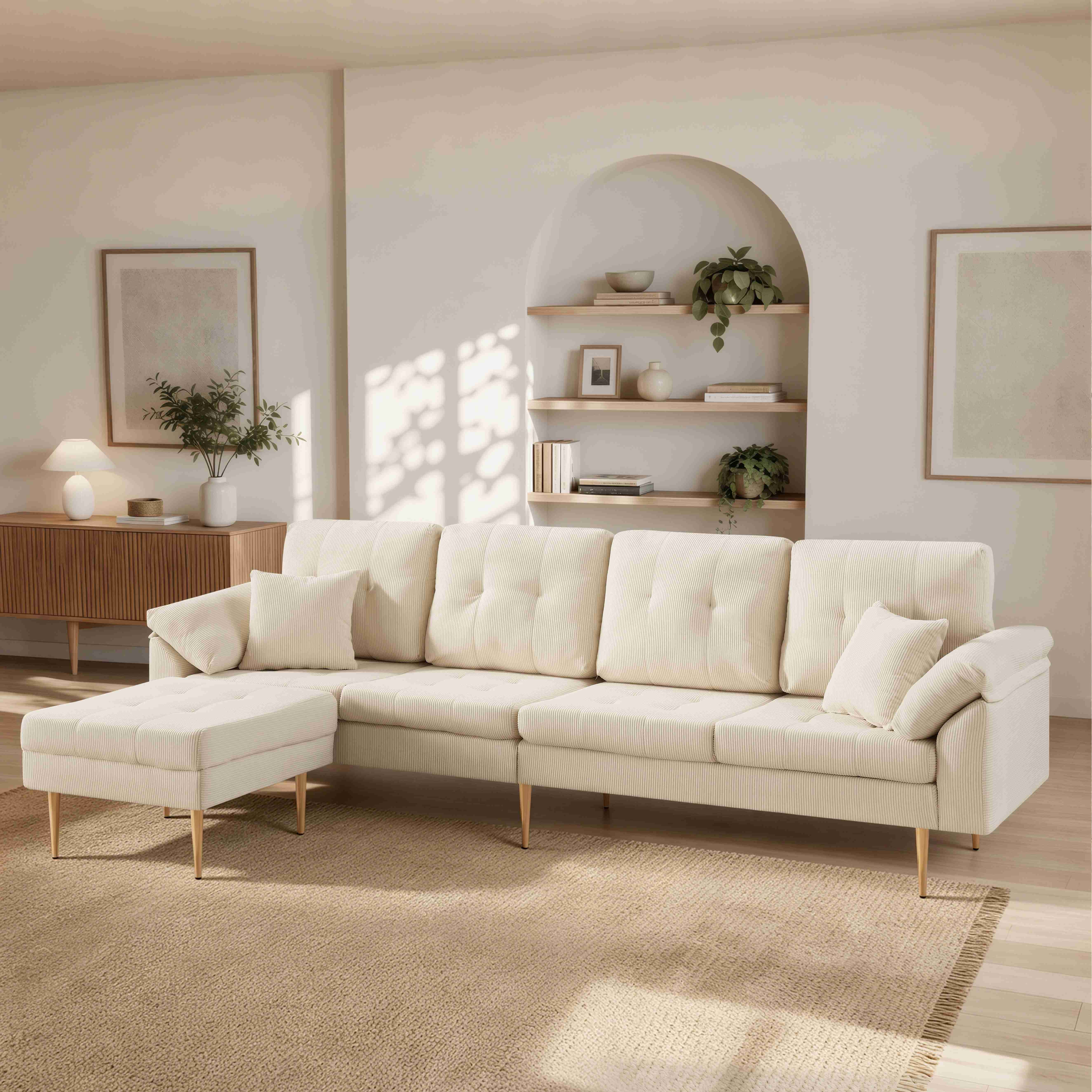 Canapé 4 places en velours côtelé beige clair, structure modulable en L avec pouf amovible, pieds métal 20 cm, dimensions 250x70x87 cm pour salon moderne
