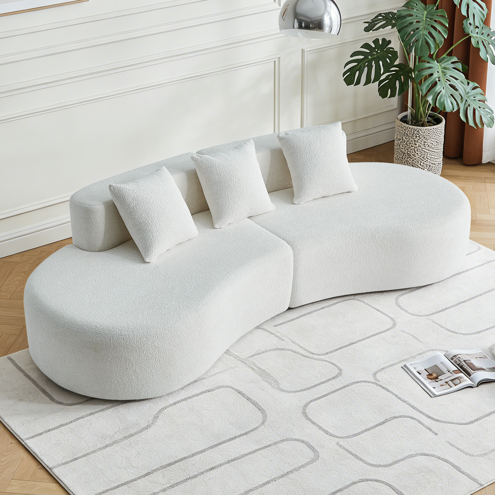 Canapé d'angle modulable 3 places blanc en velours, design courbé moderne pour salon et appartement, livraison en 2 colis