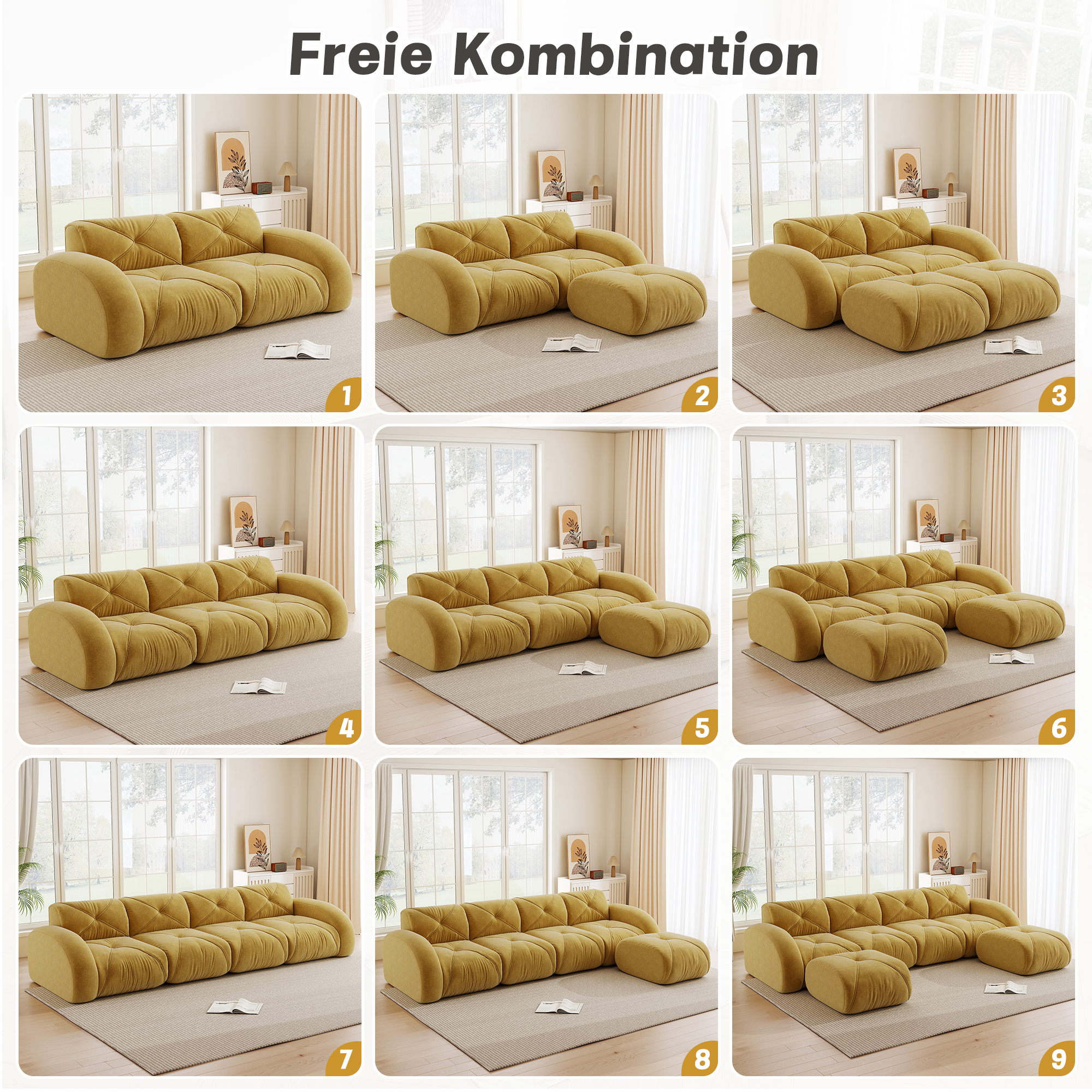 Fauteuil Relax Modulaire L-Forme avec Repose-Pieds, Tissu Chenille Anti-Abrasion Couleur Jaune, Idéal Familles et Animaux