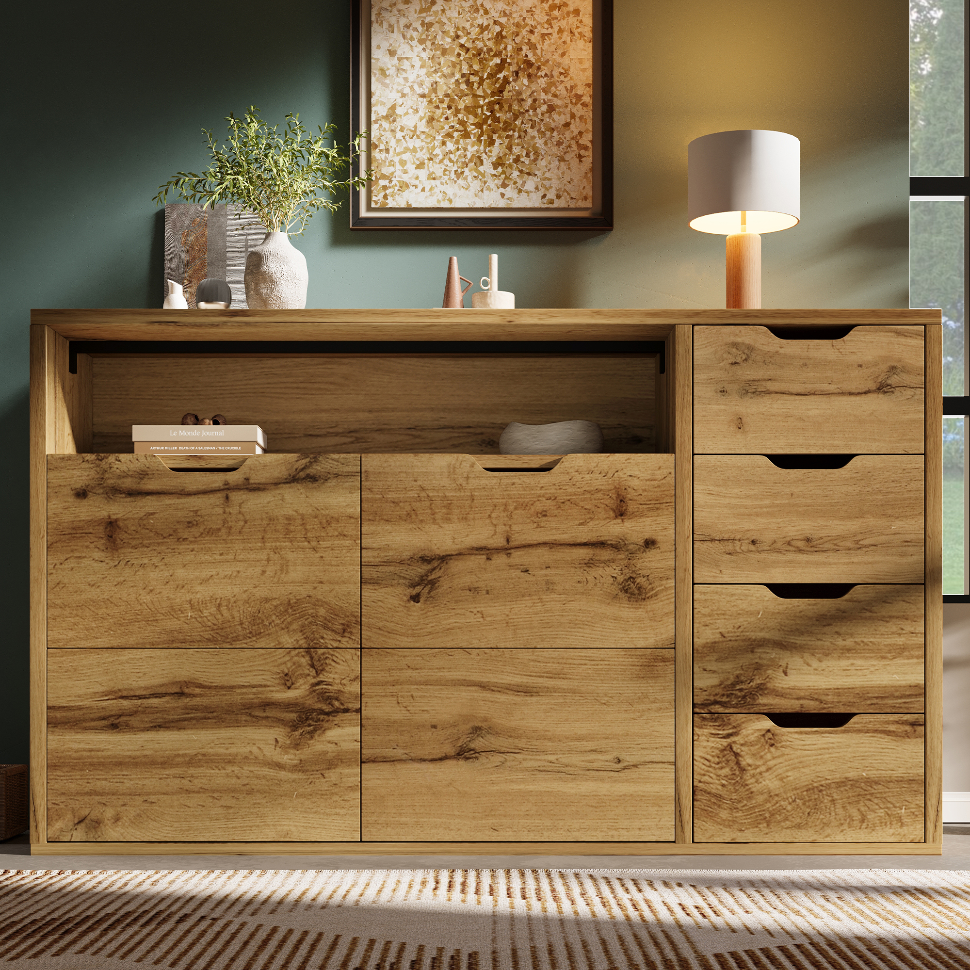 Buffet Rangement 150x40x90 cm, Meuble avec 2 Portes et 4 Tiroirs, Étagères Réglables et Soft Close pour Salon