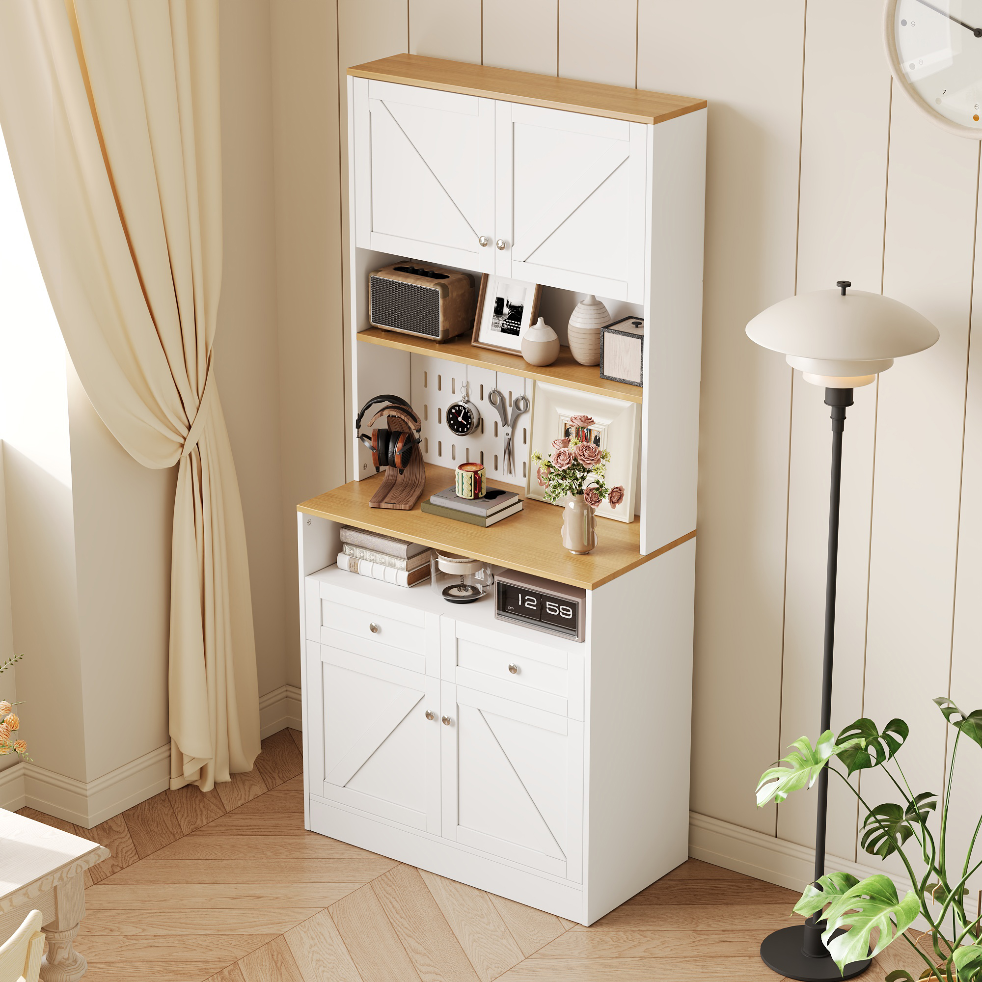 Buffet Cuisine Blanc et Bois Naturel, Meuble Vaisselier avec 2 Tiroirs et 4 Portes, Design Style Grange pour Salle à Manger
