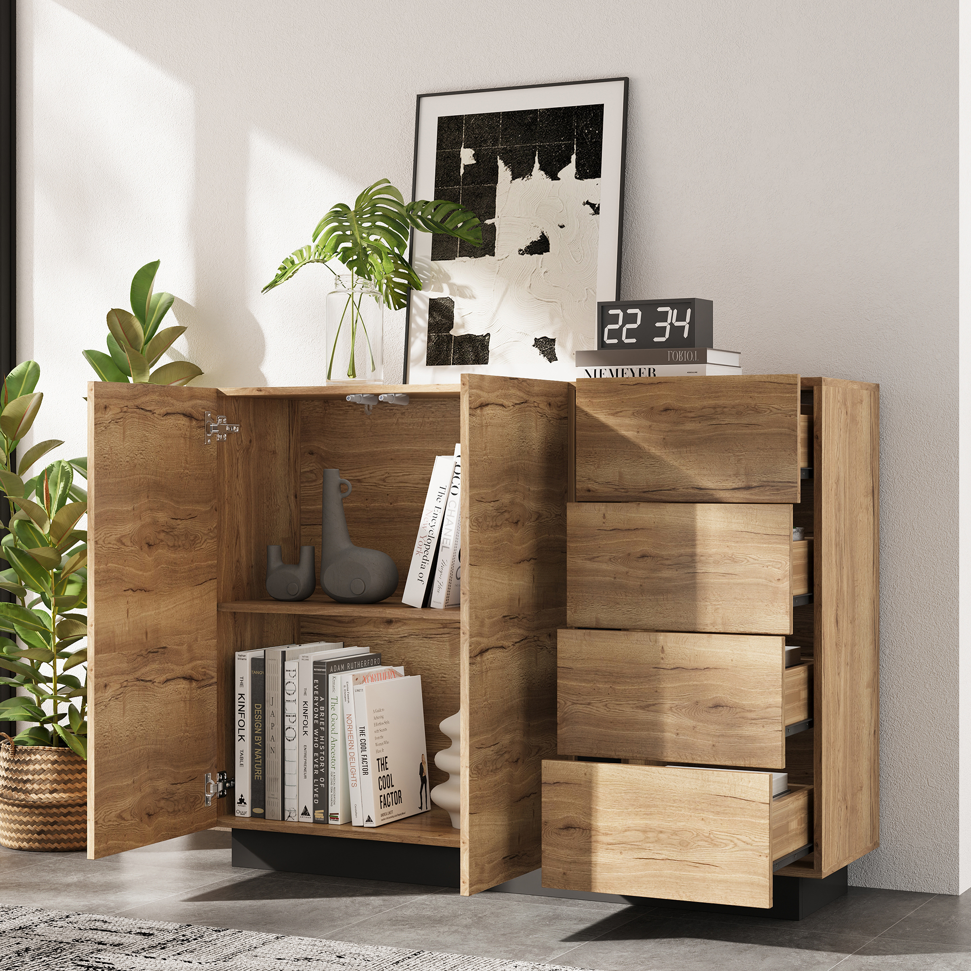 Buffet en Panneau de Particules, Meuble de Rangement 120x90,5cm, Structure Noire et Naturelle, 4 Tiroirs Intégrés et 2 Portes