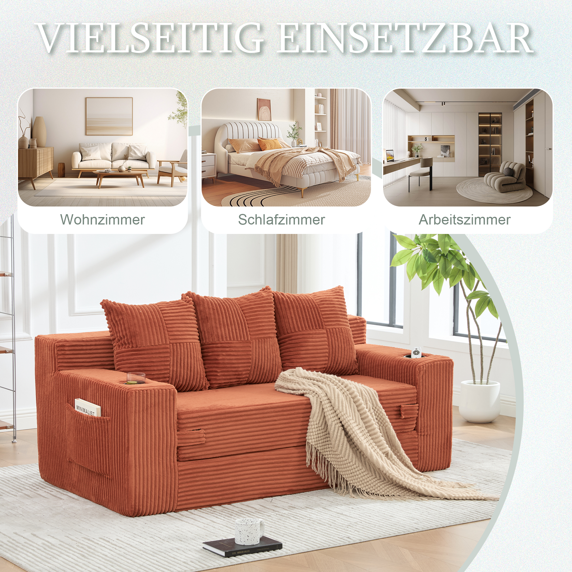 Canapé Modulable 2 Places Orange Velours Côtelé avec Mousse Mémoire et Rangement Sous Coussins