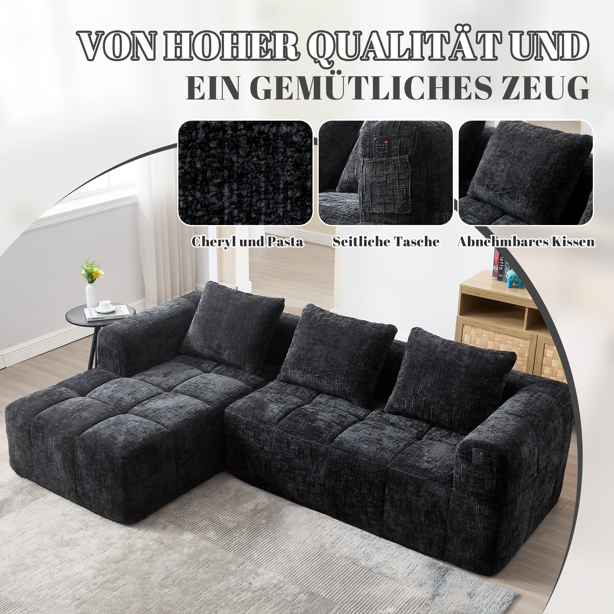 Canapé d'angle 3 places en chenille noir sans installation avec méridienne, 3 coussins et poches latérales
