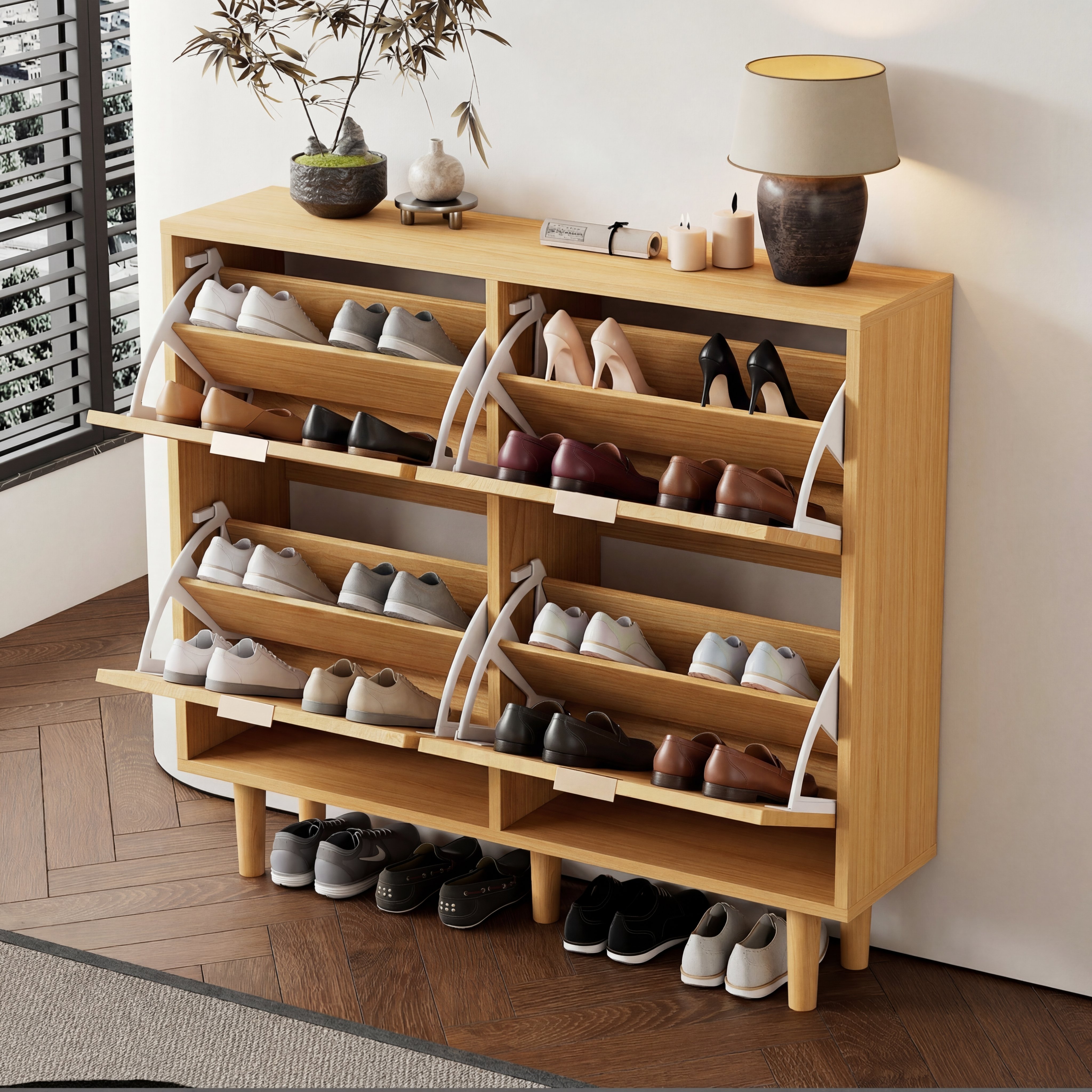 Meuble à chaussures 100x25x90 cm, Placard entrée avec 4 portes pliantes, Design Rotin et Chêne Clair pour Couloir